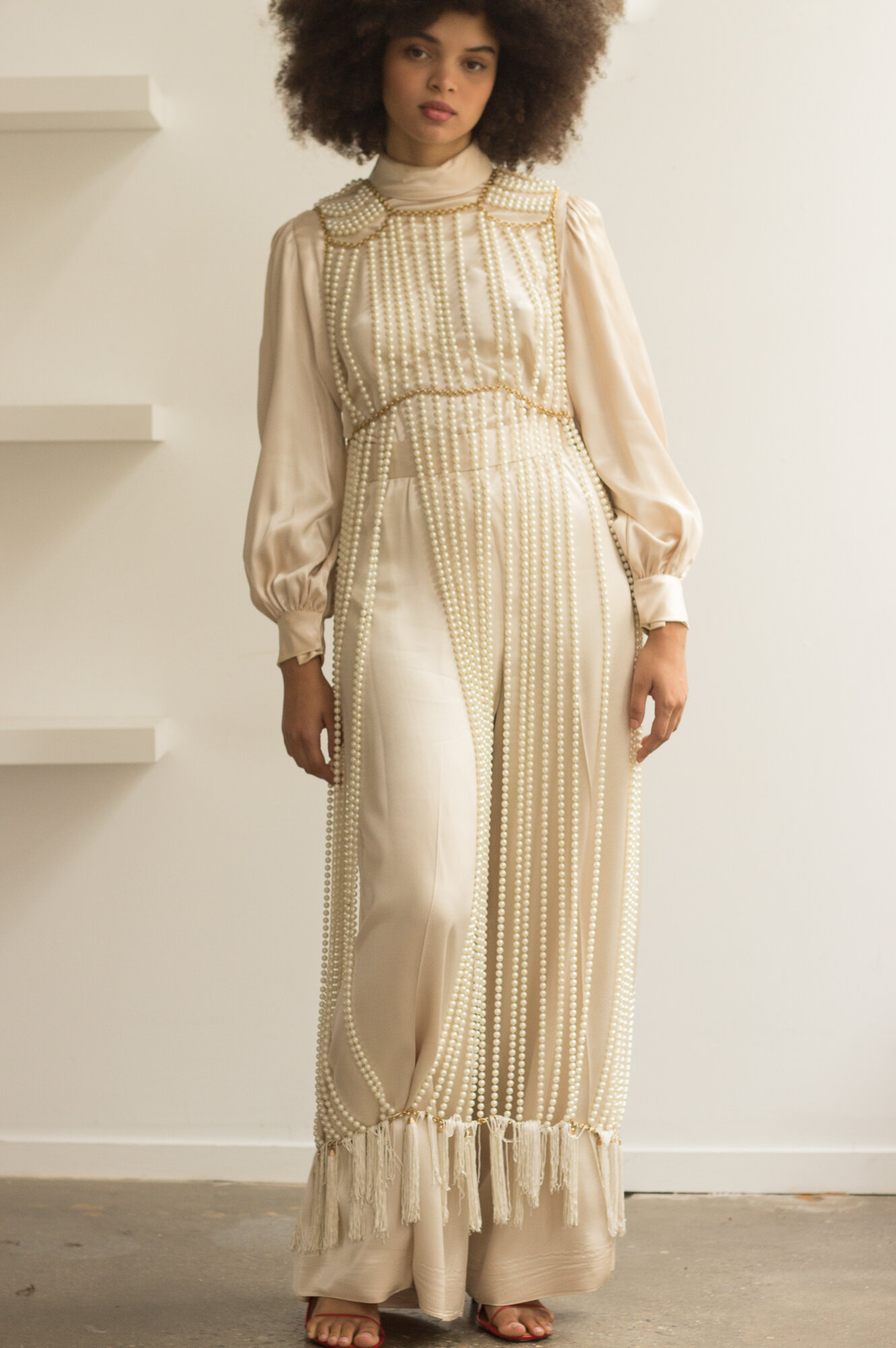 1970s Pearl and Gold Chain Floor Length Vest with Silk Tassels 