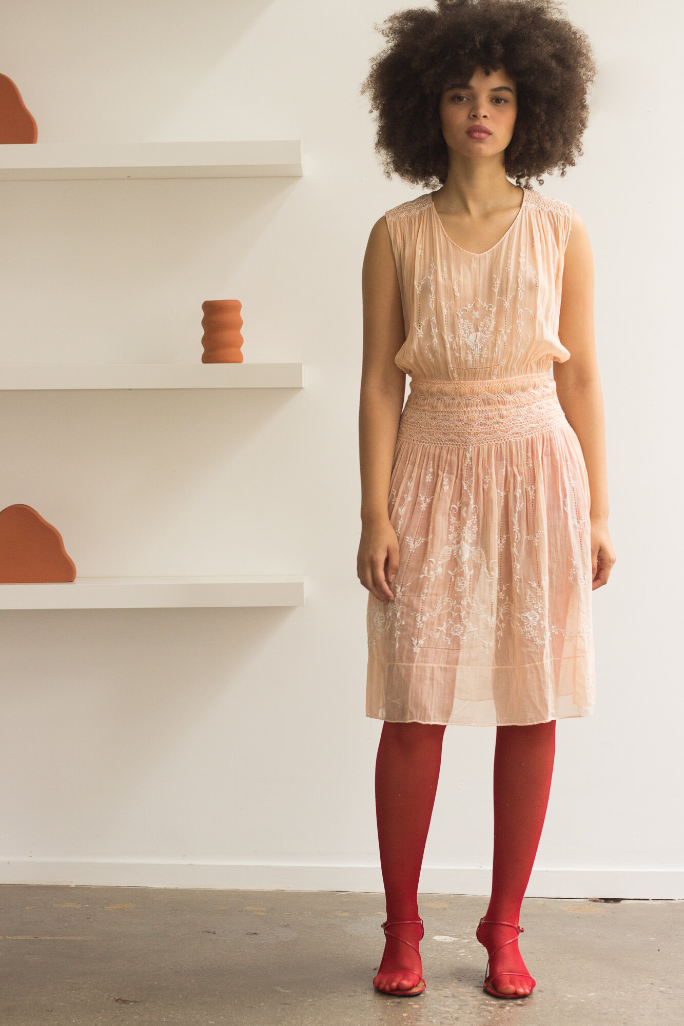 1930s Peach Cotton Voile Hungarian Embroidered Dress