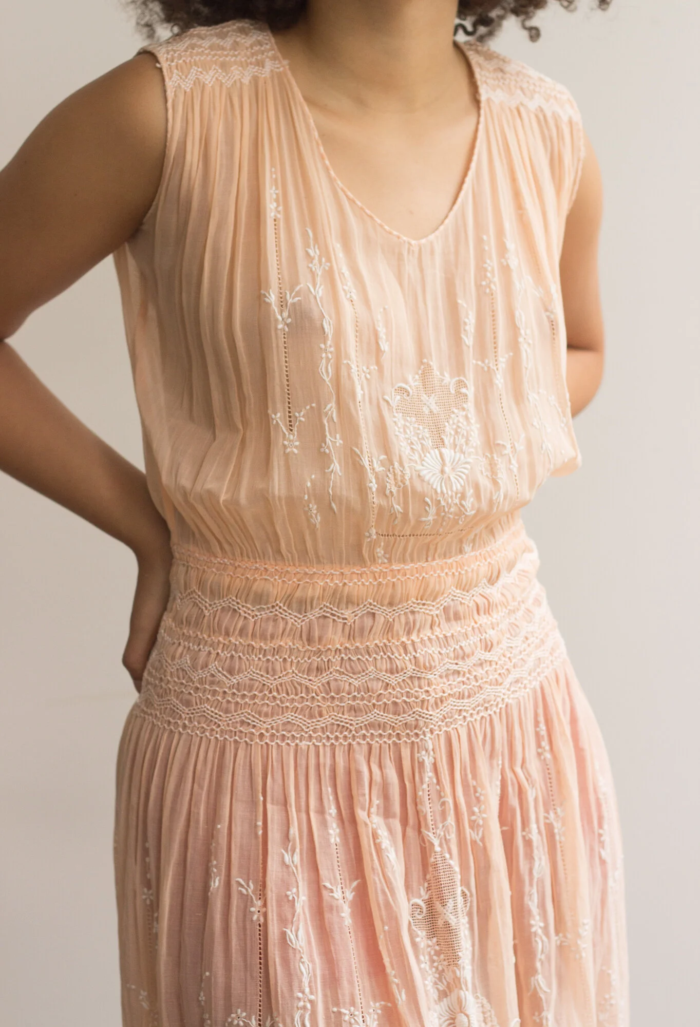 1930s Peach Cotton Voile Hungarian Embroidered Dress  Wayward Collection