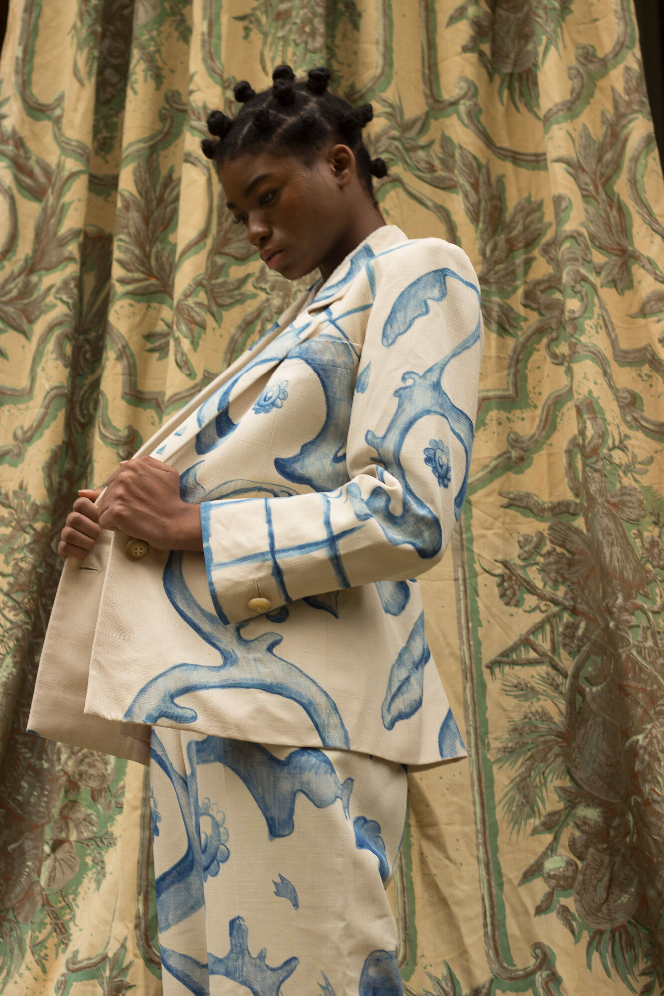 Hand-Painted Delft Motif Vintage Yves Saint Laurent Suit