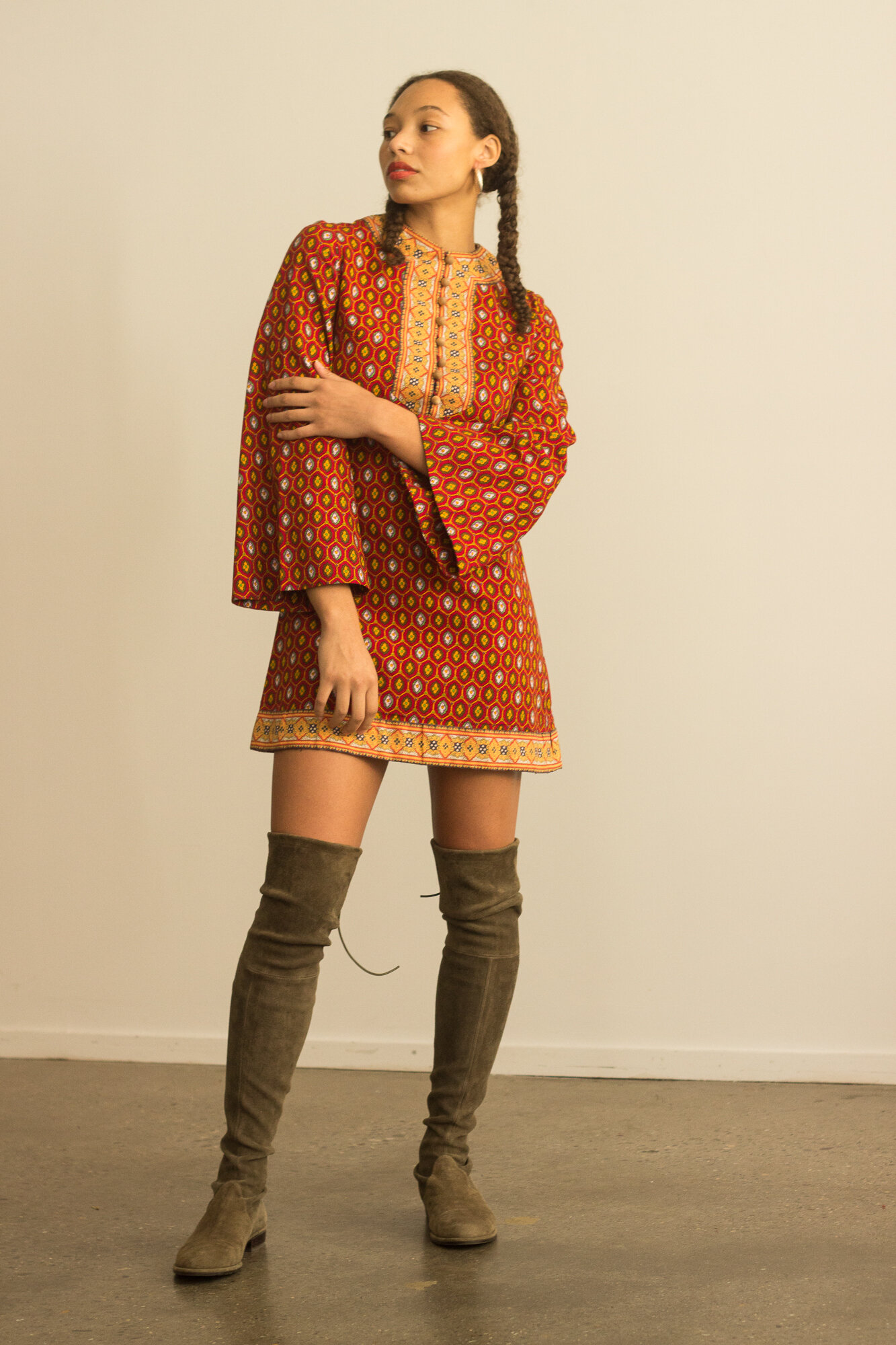1970s Provençal Cotton Mini Dress with Bell Sleeves