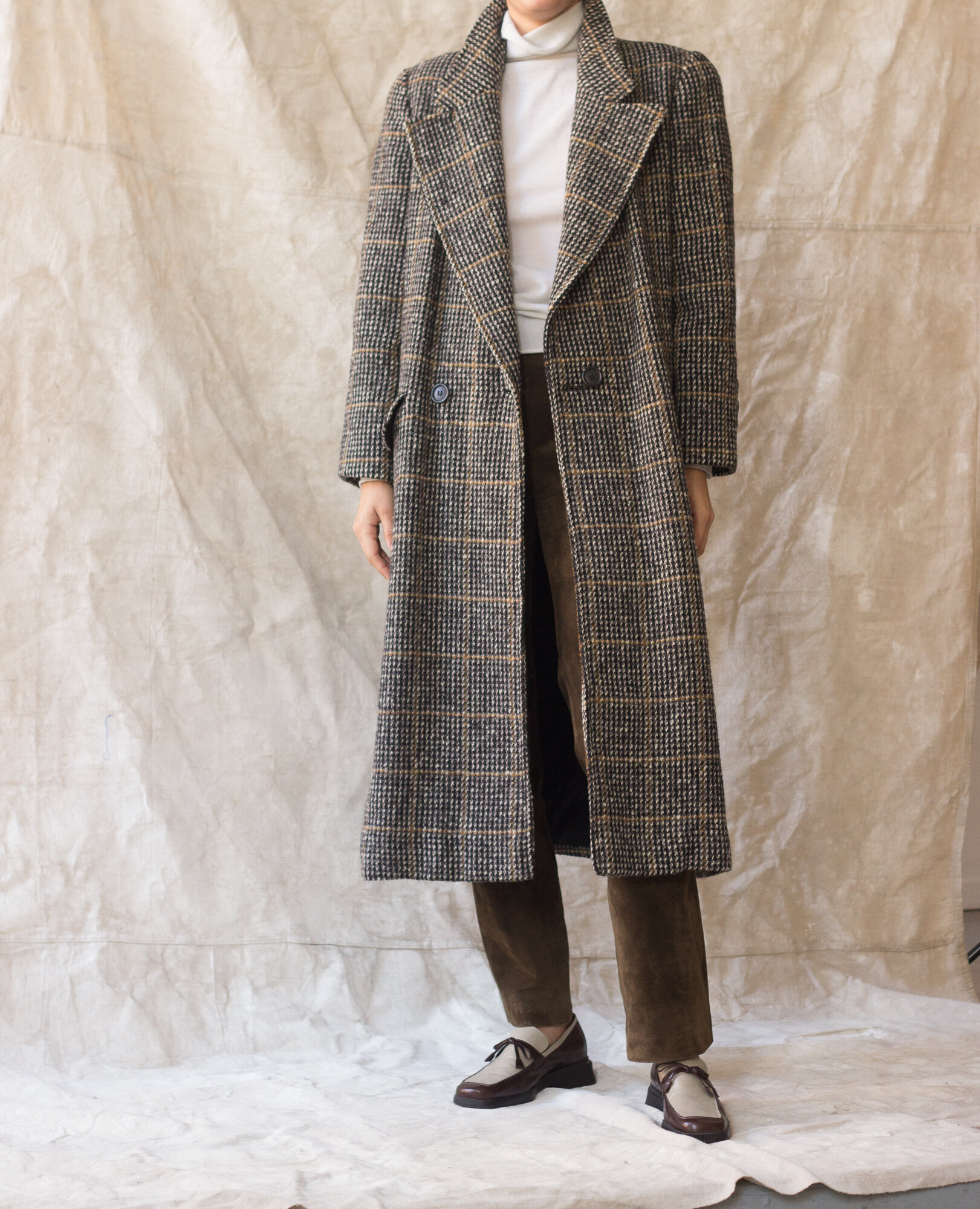 1980s Bill Blass Glen Plaid Wool Overcoat