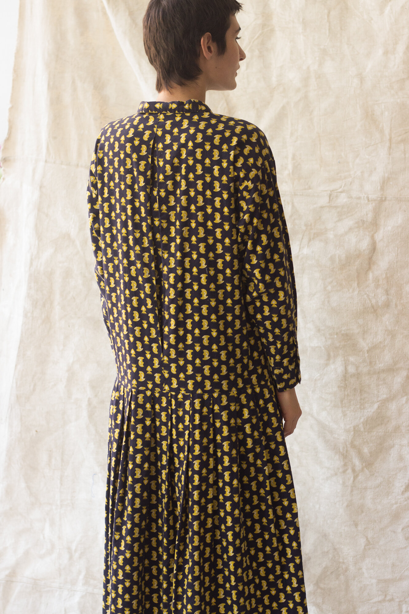 1980s Cotton Moon Face Foulard Drop Waist Dress