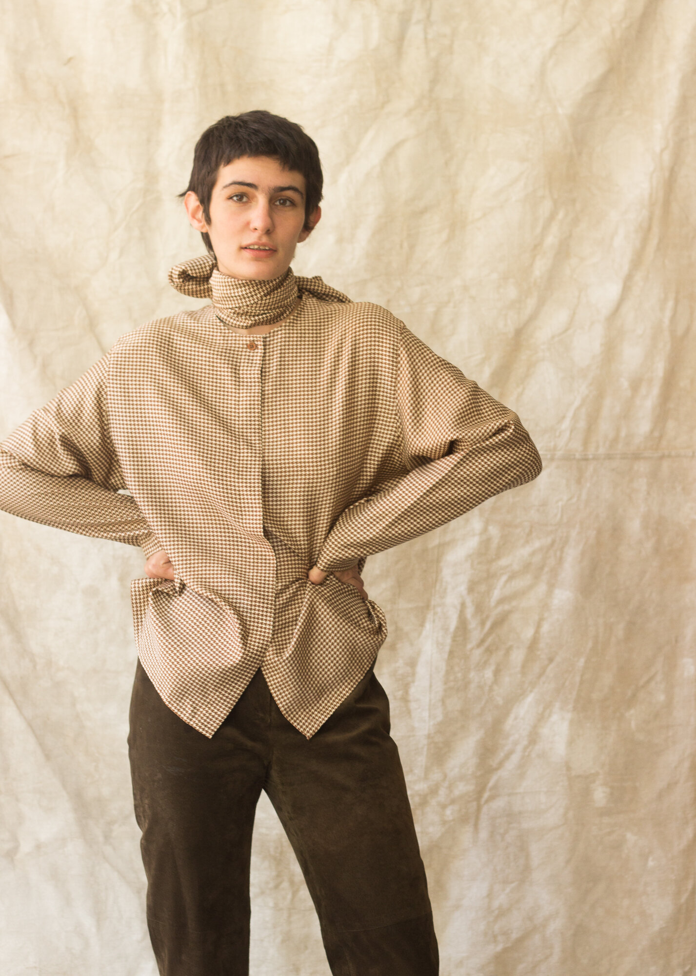 1980s Burberry Silk Houndstooth Drop Shoulder Blouse with Detachable Scarf