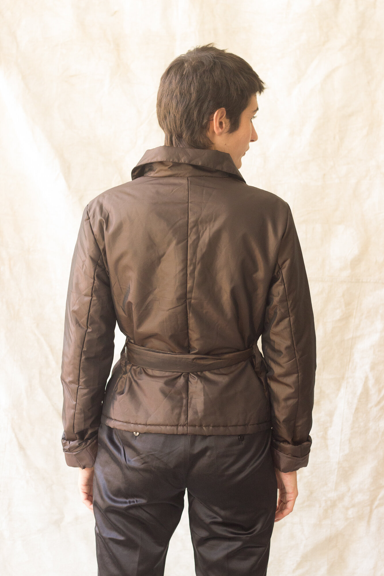 1970s Espresso Taffeta Belted Puffer