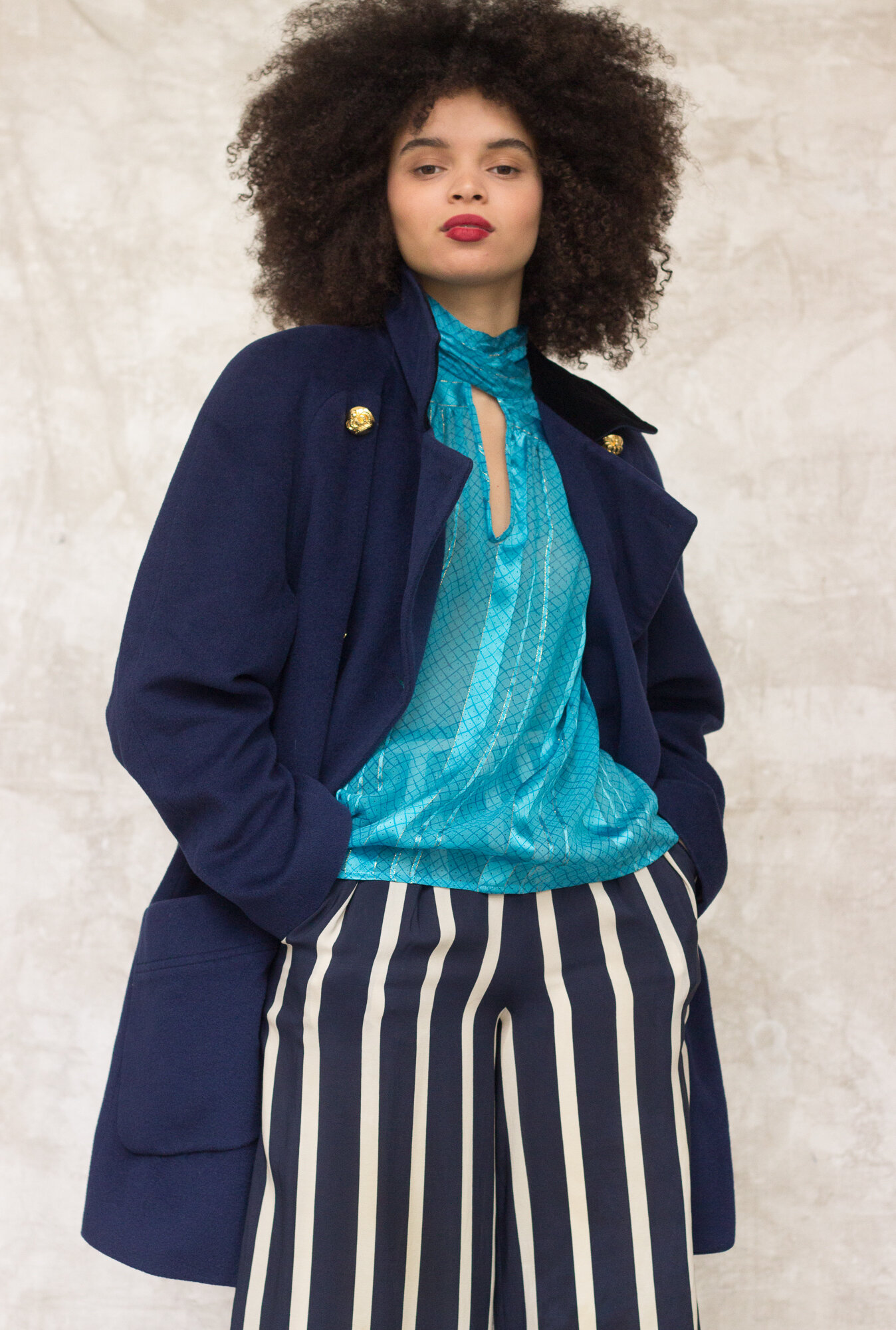 1980s ESCADA Black and Blue Wool Coat