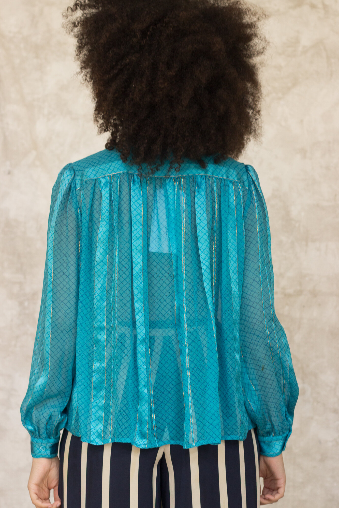 1970s Turquoise Silk and Lurex Trapeze Blouse