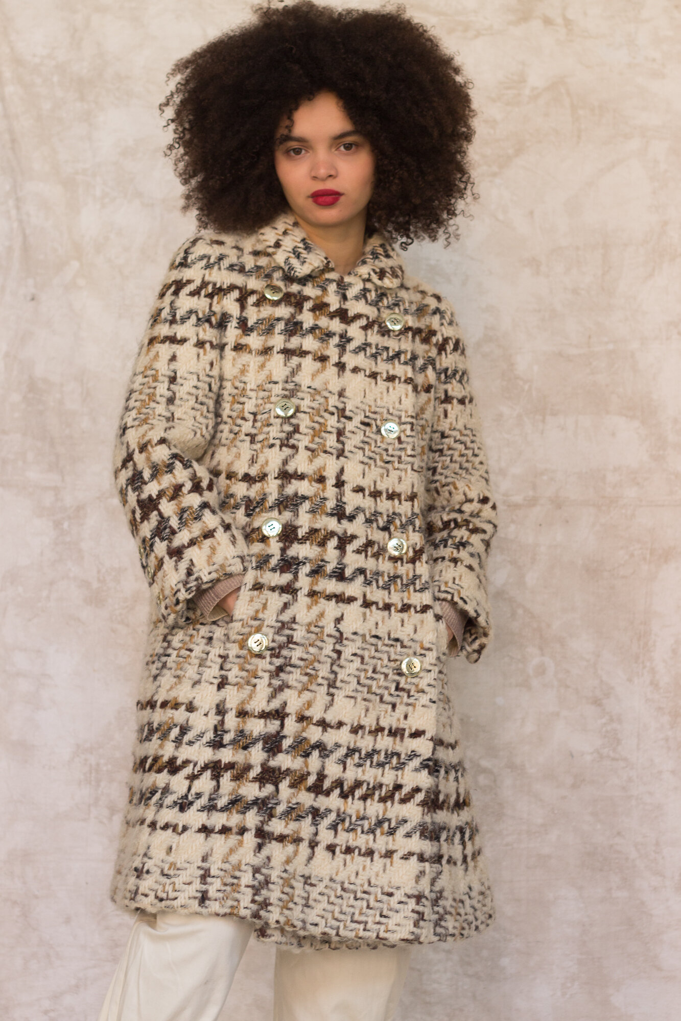 1960s Creme Caramel Fluffy Plaid Wool Coat