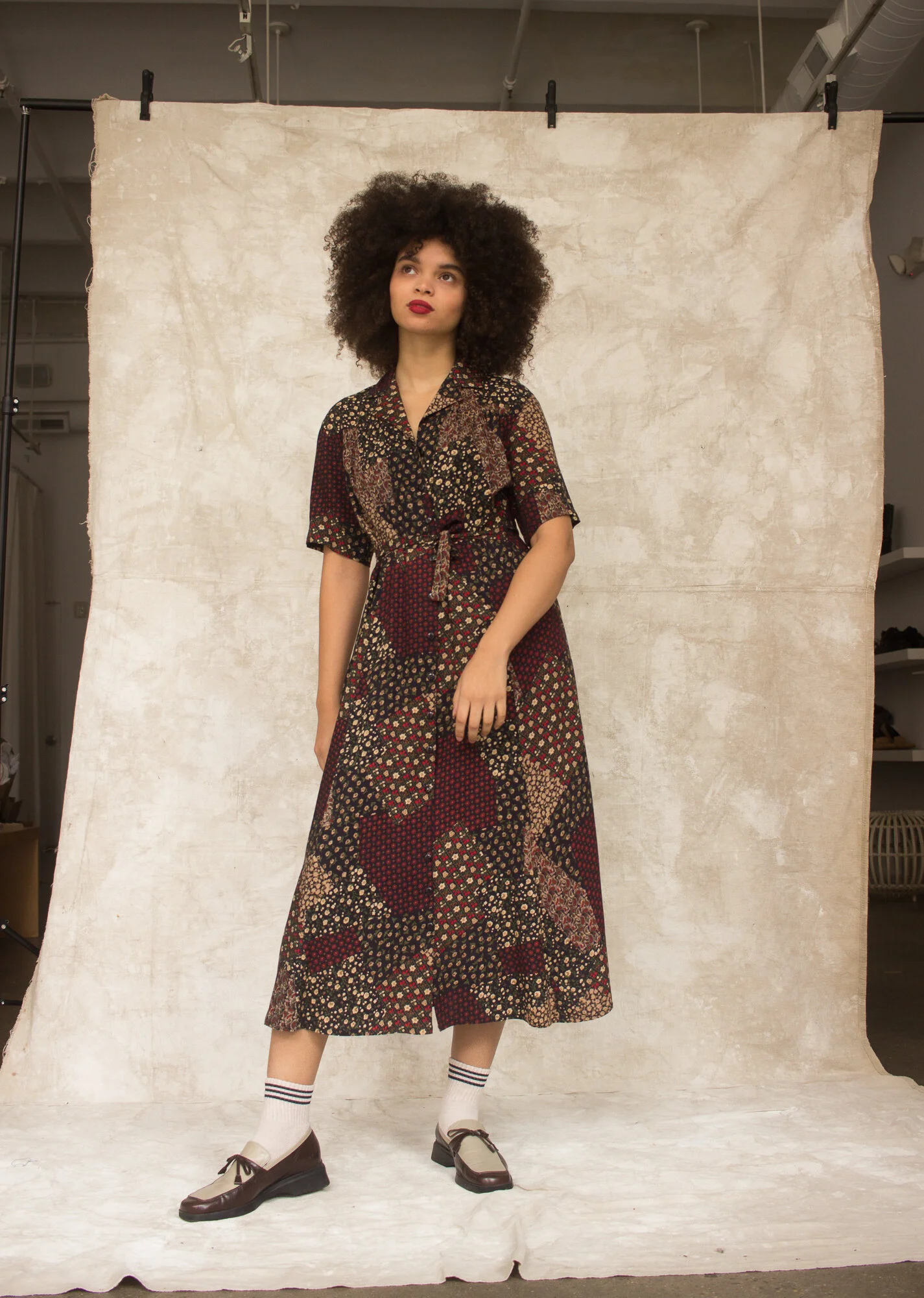 1990s Patchwork Print Shirt Dress