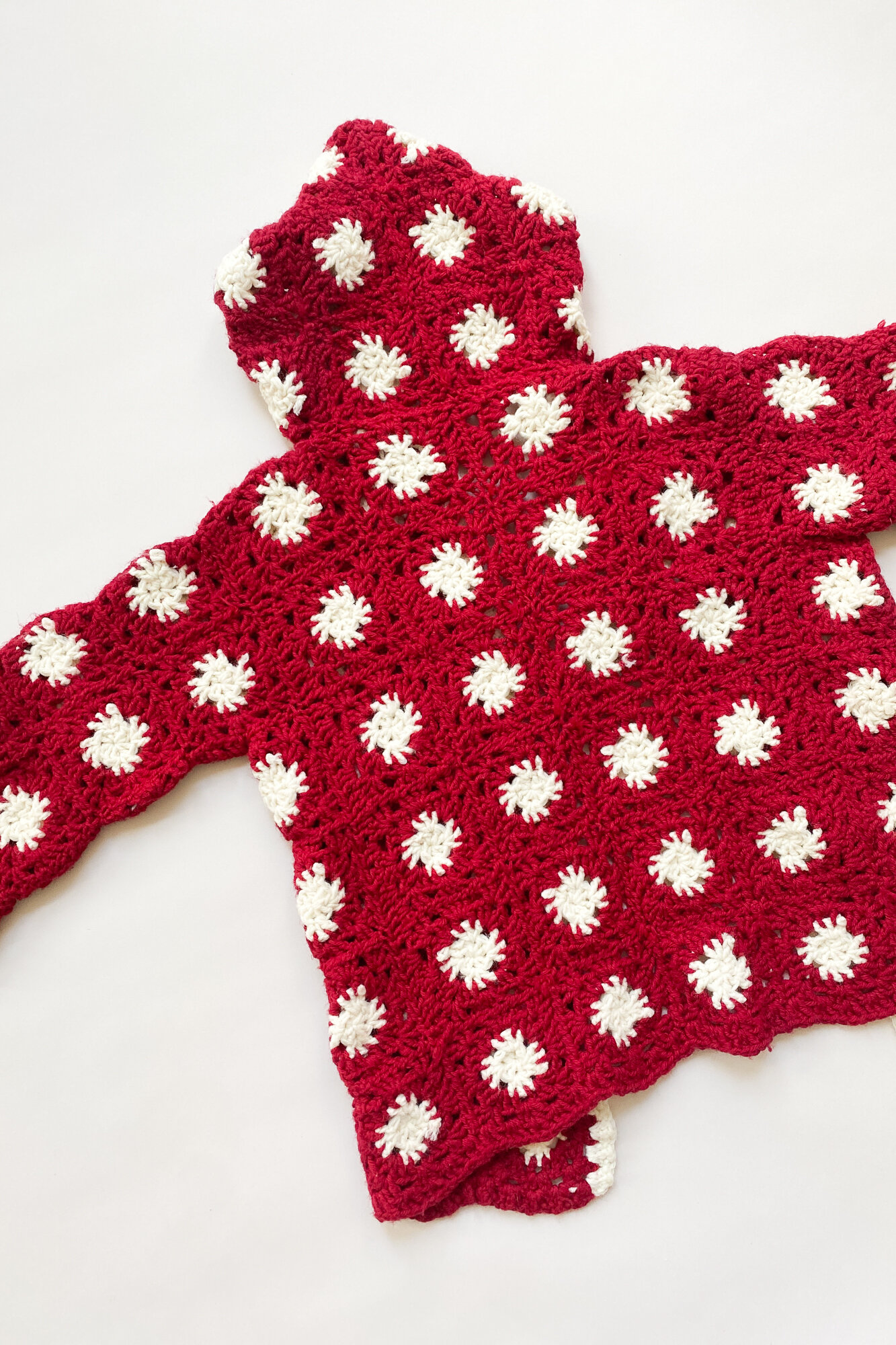 1970s Rich Red and Creme Granny Square Hooded Jacket