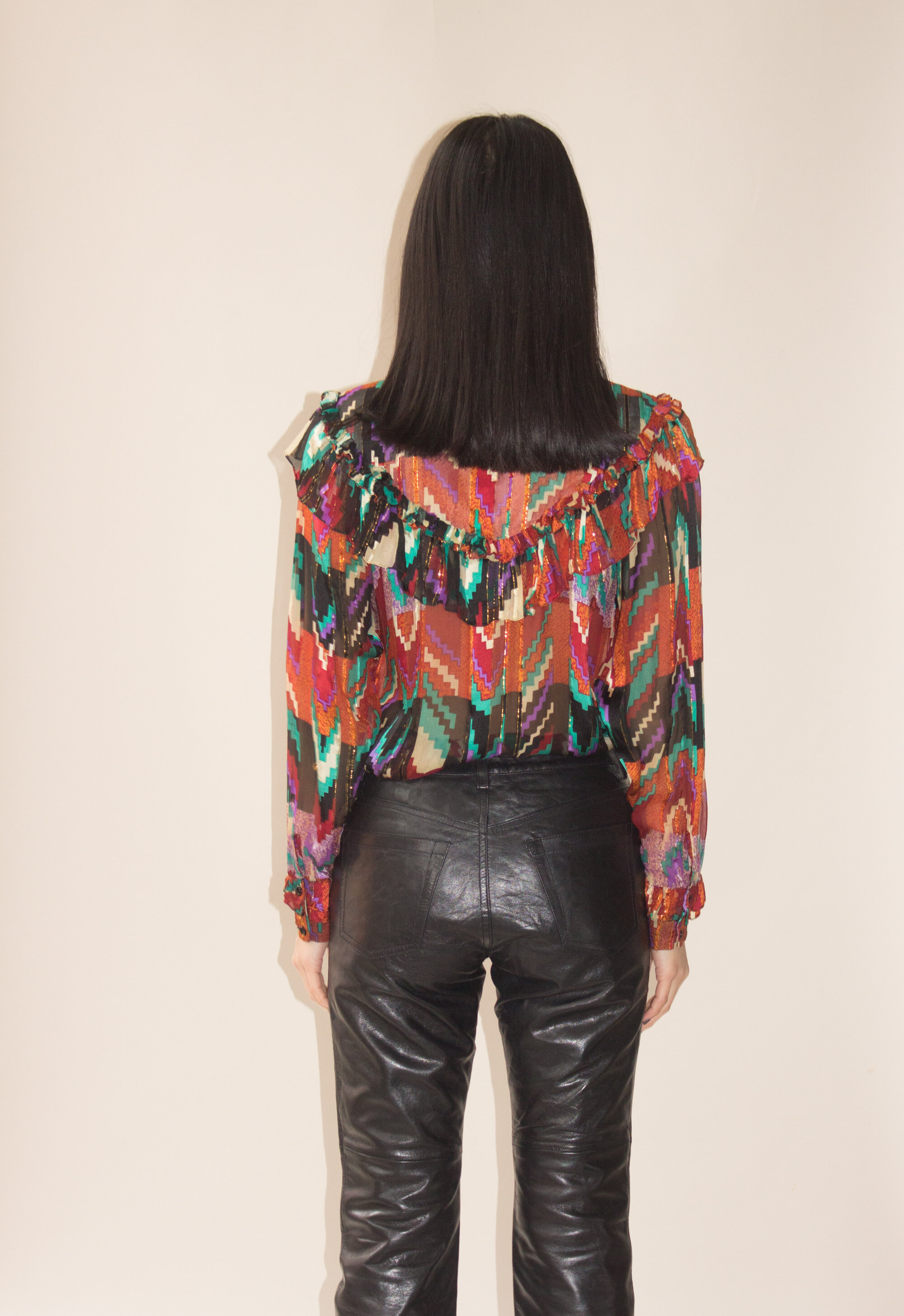 1980s Silk Farm Ikat Ruffled Blouse