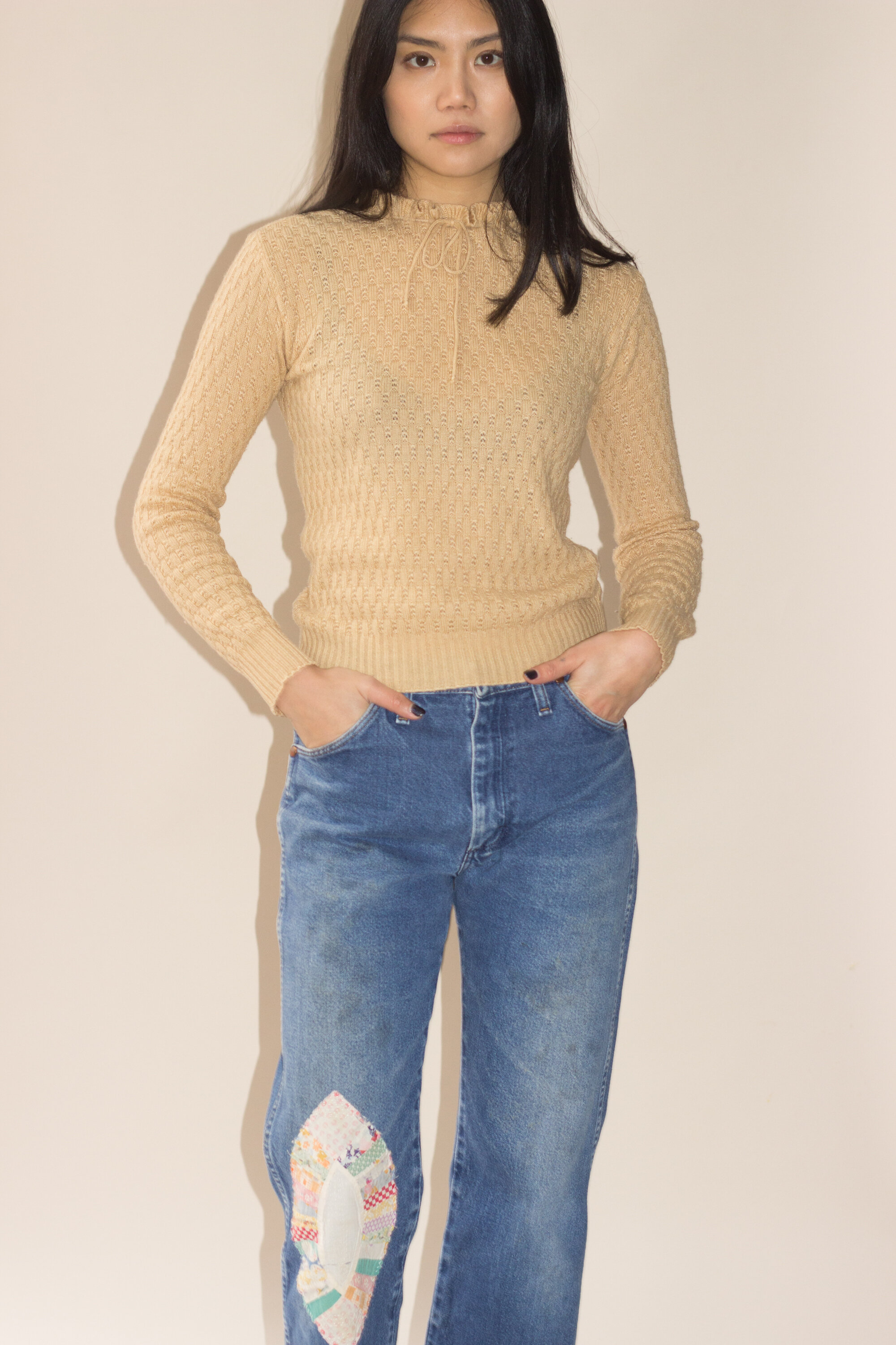 1970s Camel Pointelle Sweater with Tie Collar