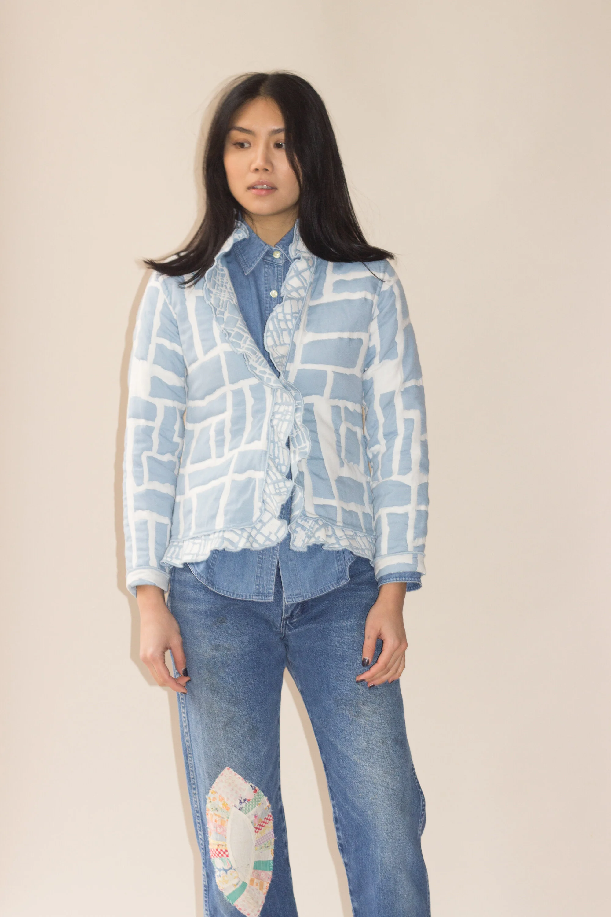 1990s Quilted Sky Blue Ruffled Jacket
