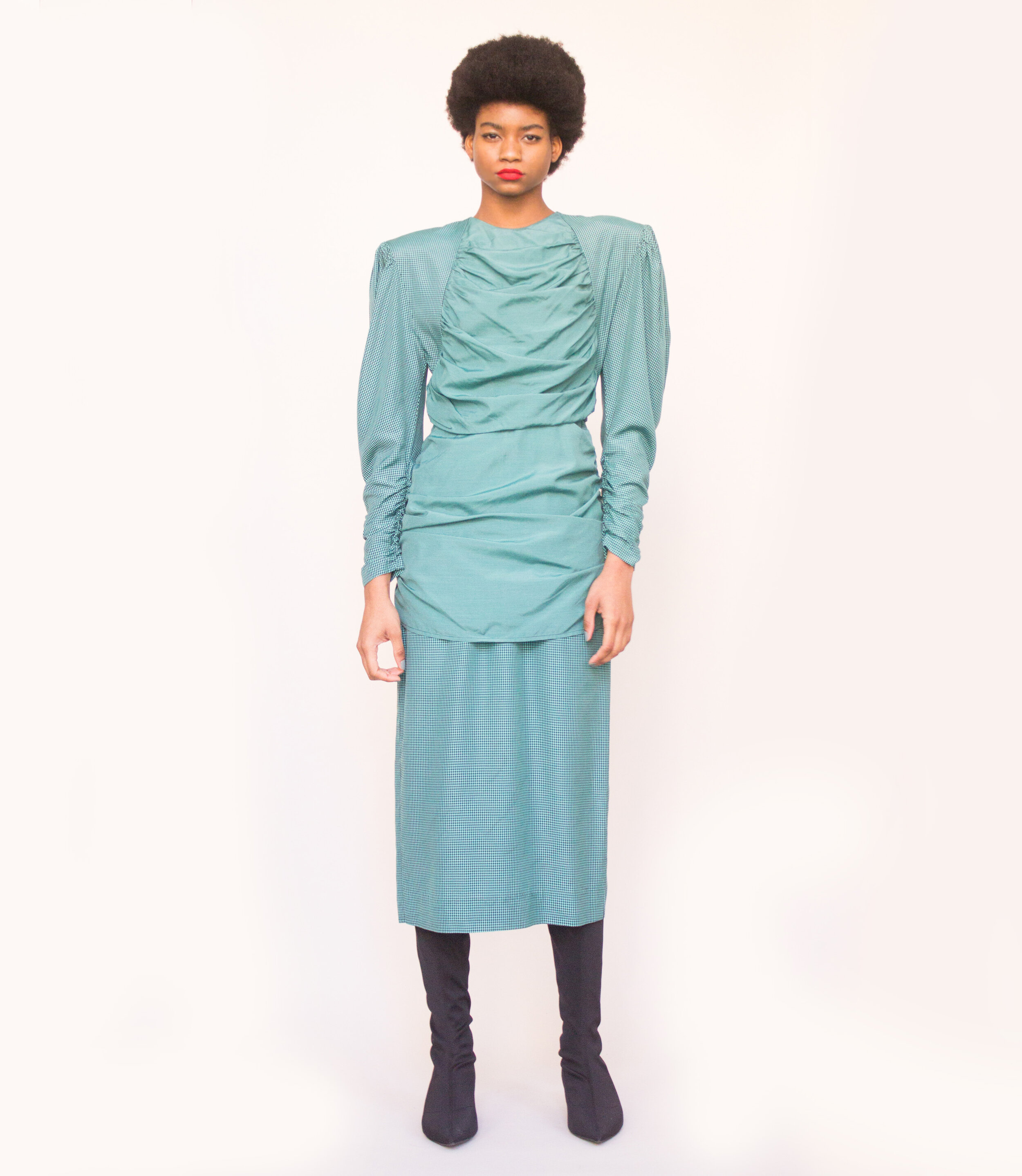 1980s Nicole Miller Turquoise Taffeta Micro Check Ruched Dress