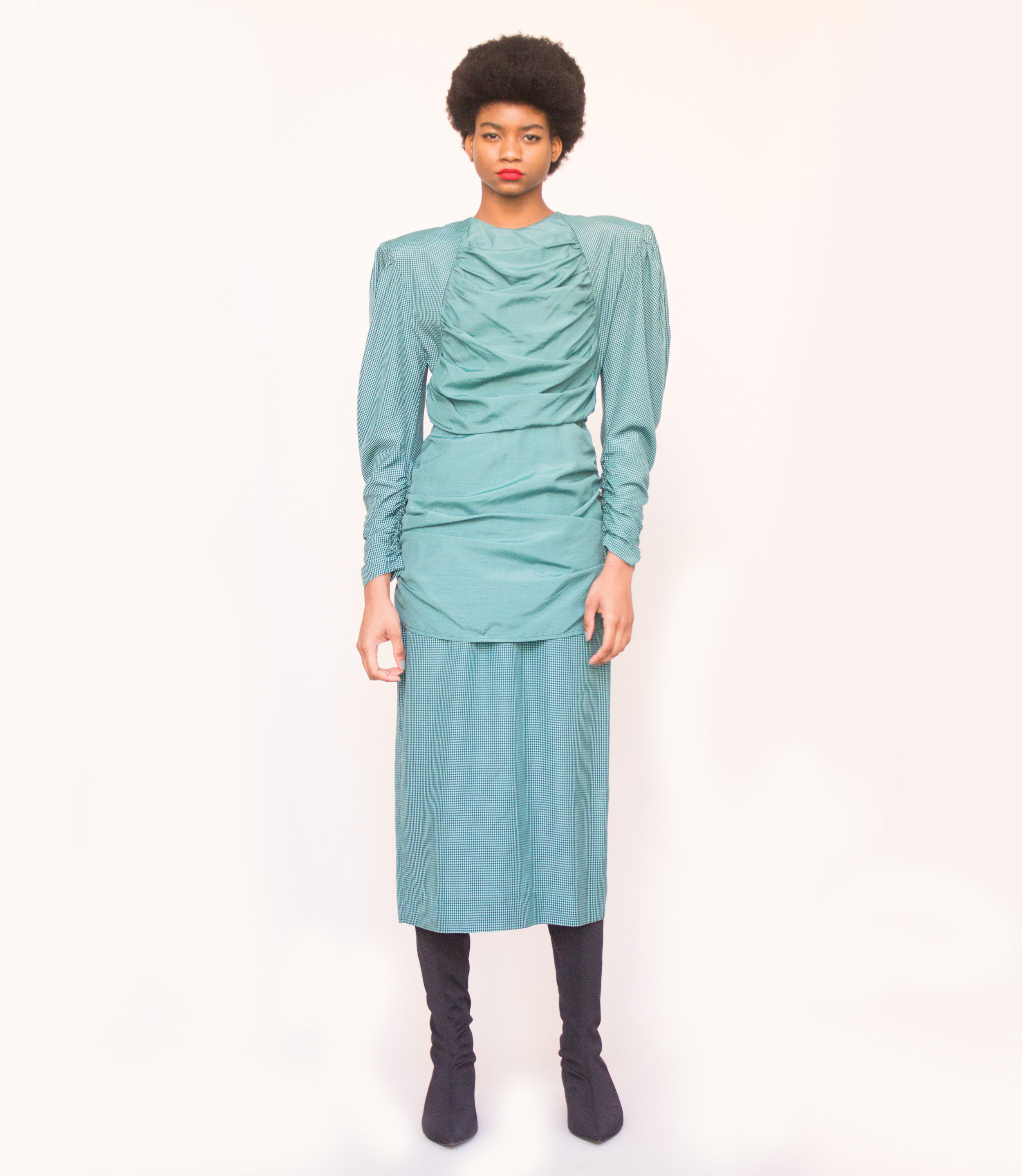 1980s Nicole Miller Turquoise Taffeta Micro Check Ruched Dress  Wayward  Collection