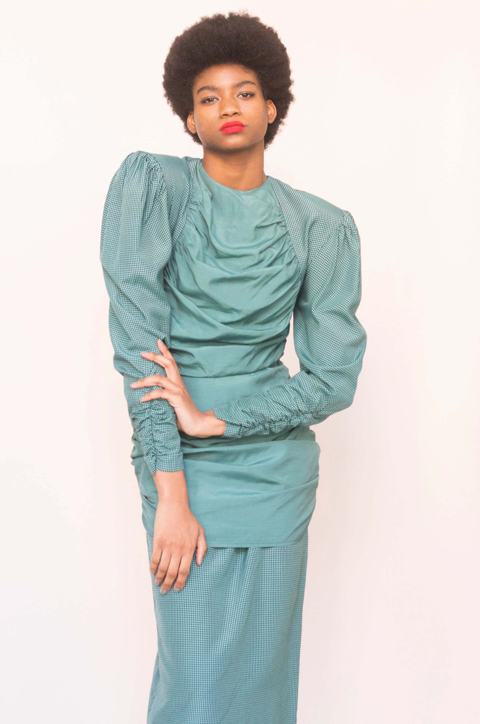 1980s Nicole Miller Turquoise Taffeta Micro Check Ruched Dress  Wayward  Collection