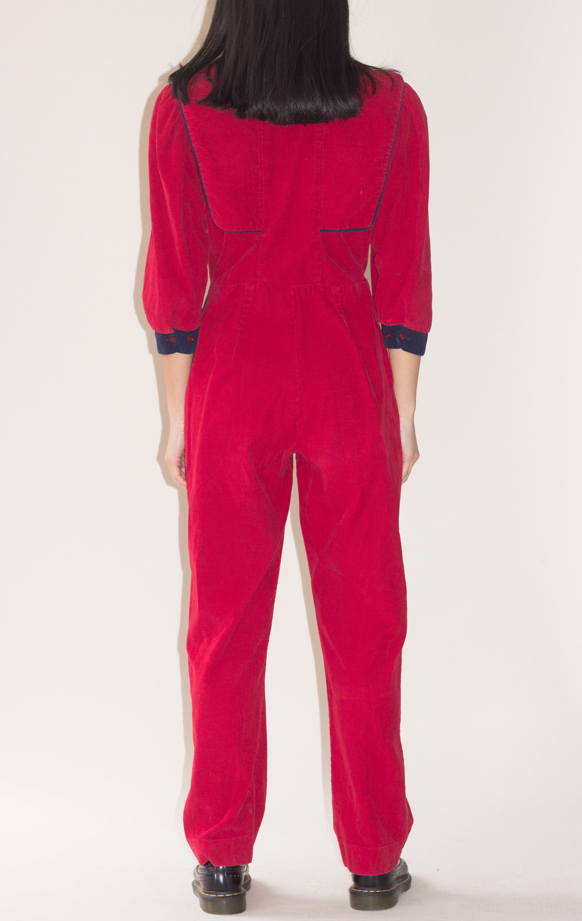1970s Navy and Red Corduroy Jumpsuit