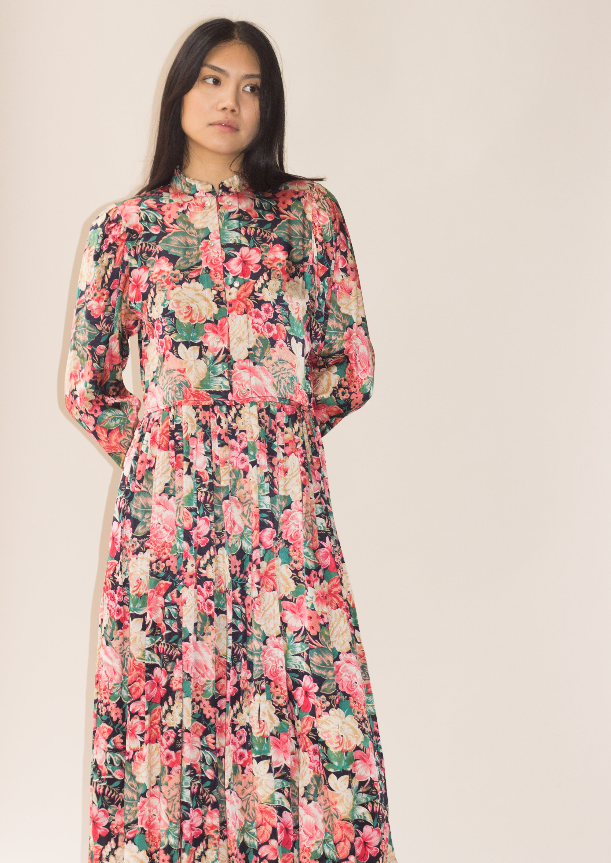 1980s Satin Floral Prairie Dress