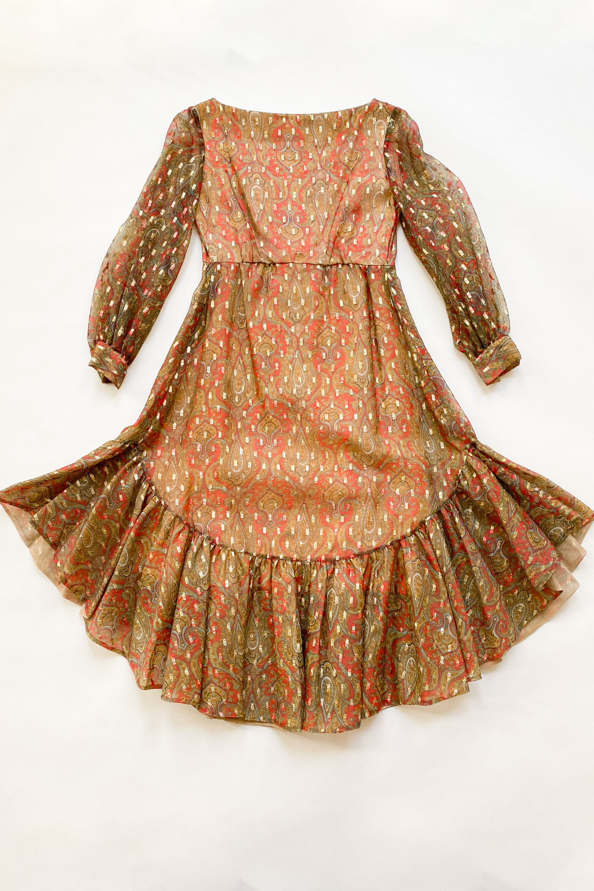 1960s Malcolm Starr Paisley Lurex Ruffled Dress