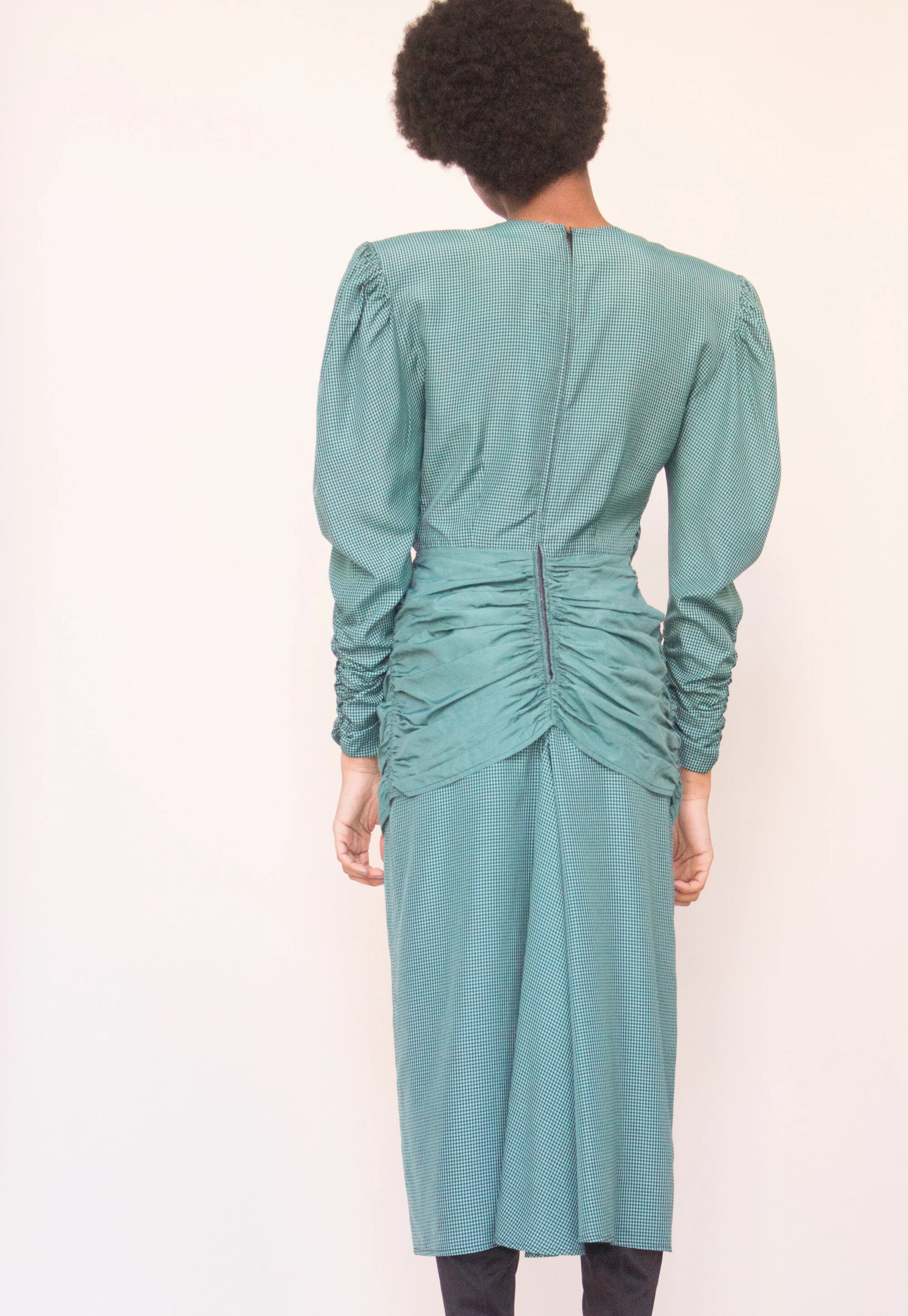 1980s Nicole Miller Turquoise Taffeta Micro Check Ruched Dress  Wayward  Collection