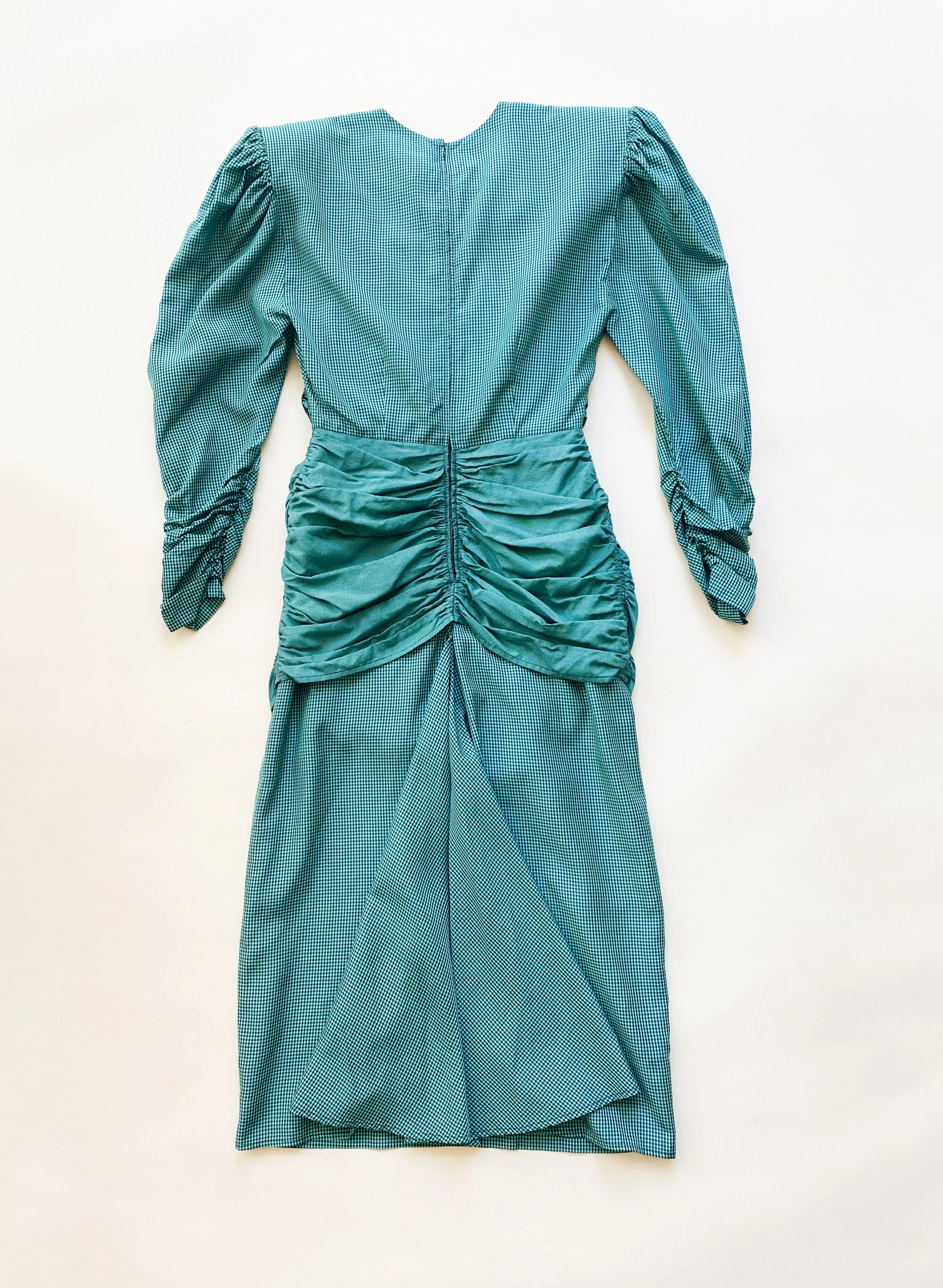 1980s Nicole Miller Turquoise Taffeta Micro Check Ruched Dress Wayward Collection 1980s Nicole Miller Turquoise Taffeta Micro Check Ruched Dress Wayward Collection