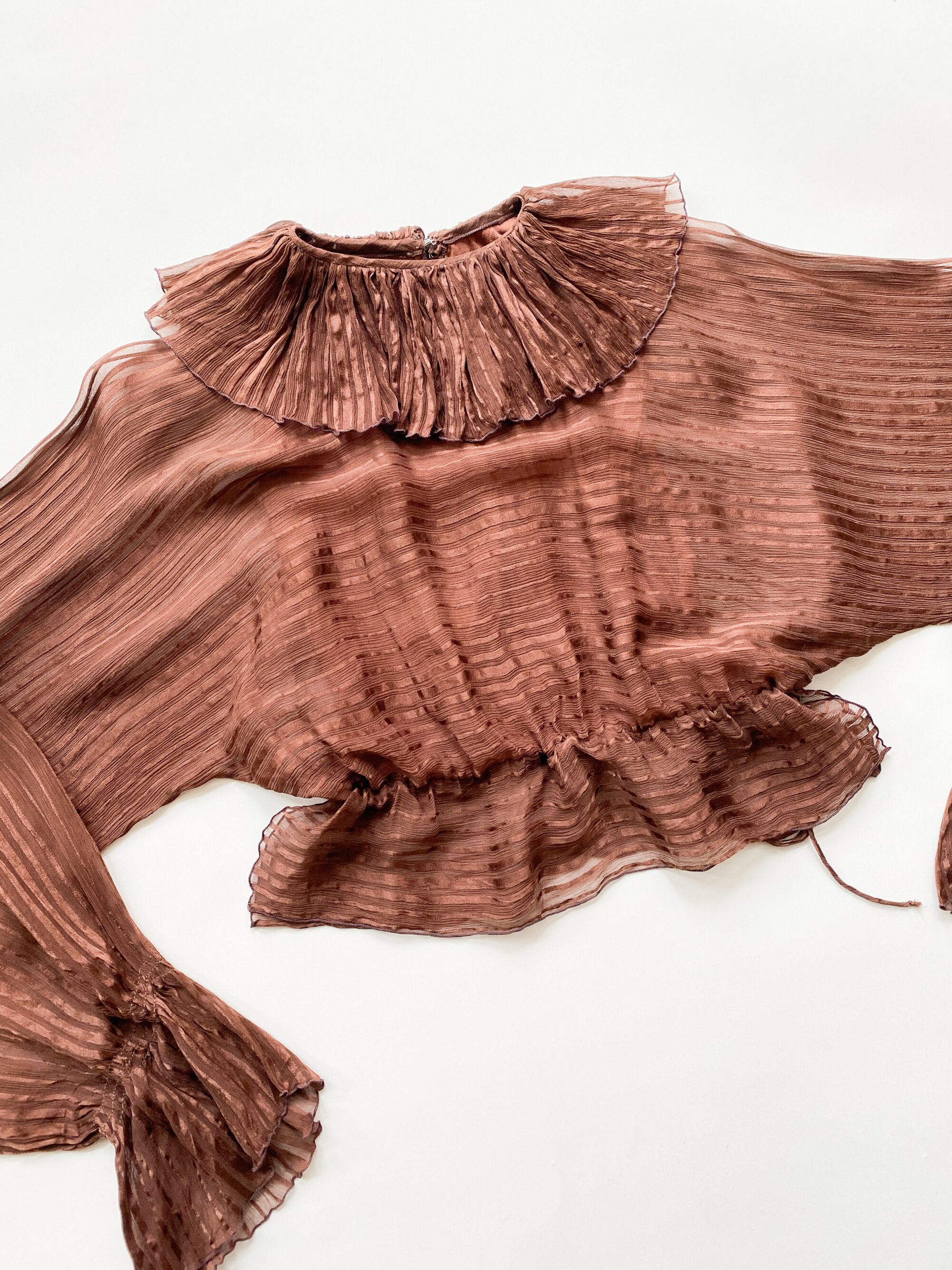 1970s Chocolate Chiffon Pierrot Collar Dolman Blouse