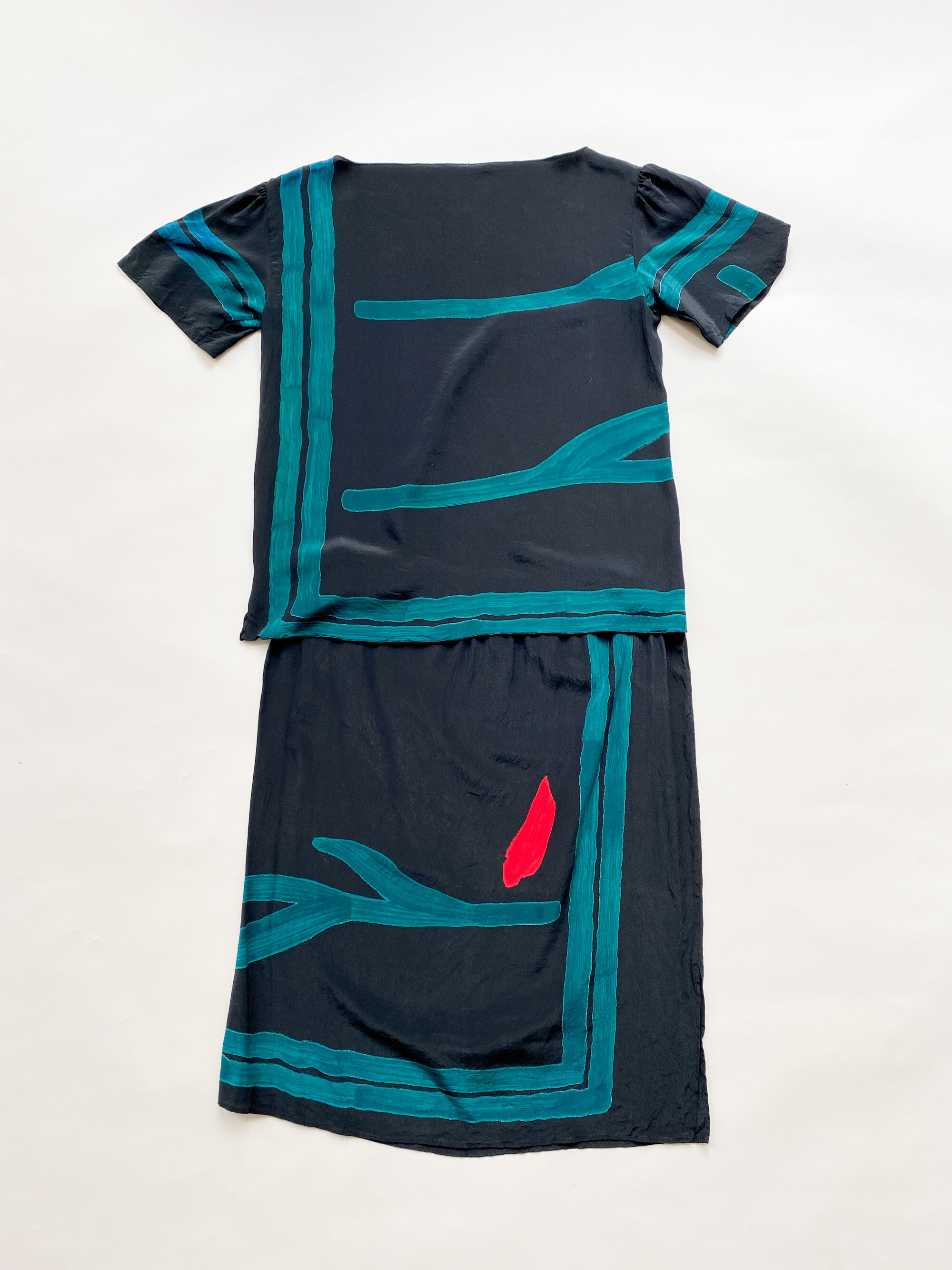 1970s Painterly Two Piece Silk Set