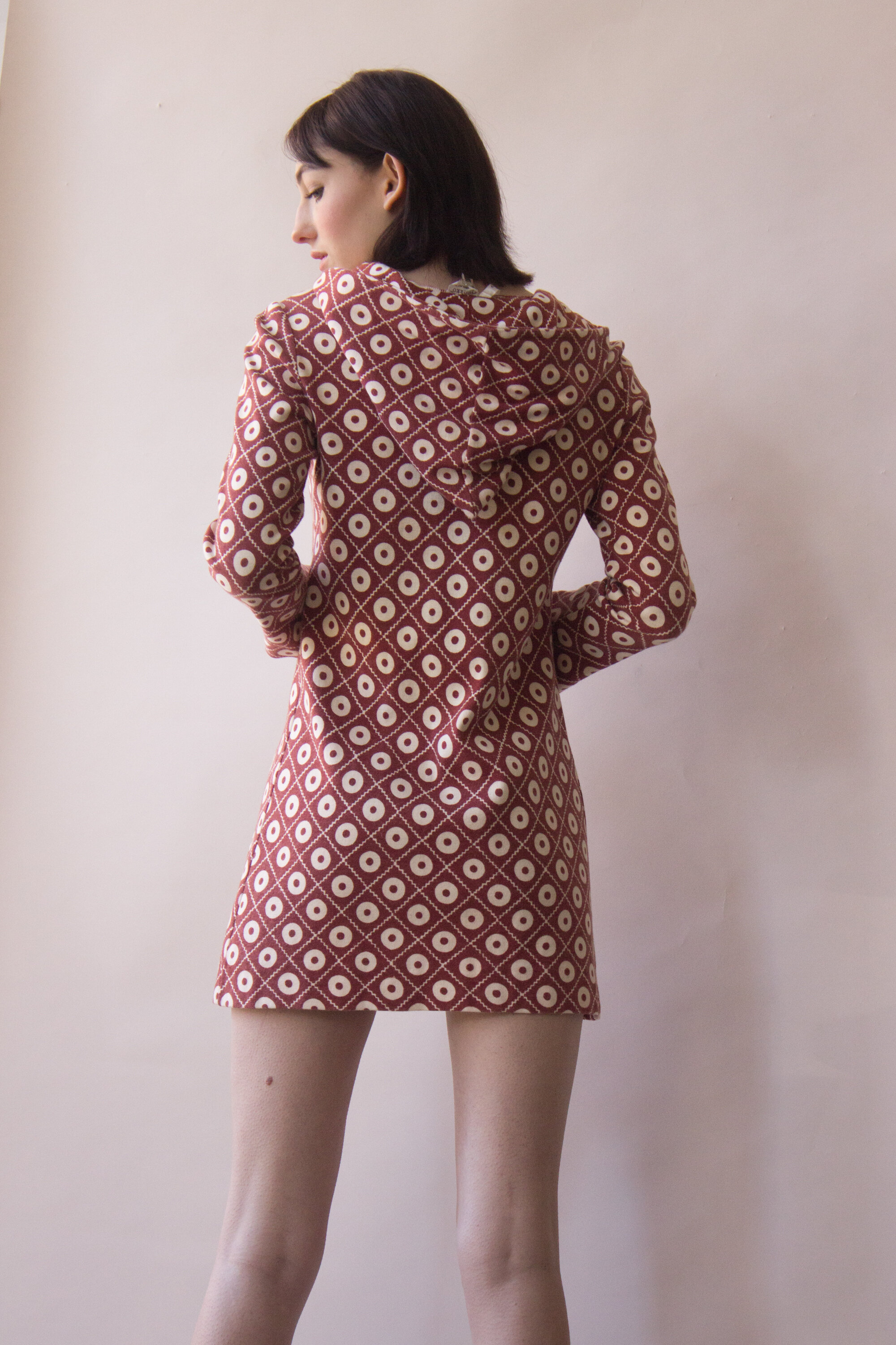 1970s Marimekko Cotton Jersey Hooded Mini Dress