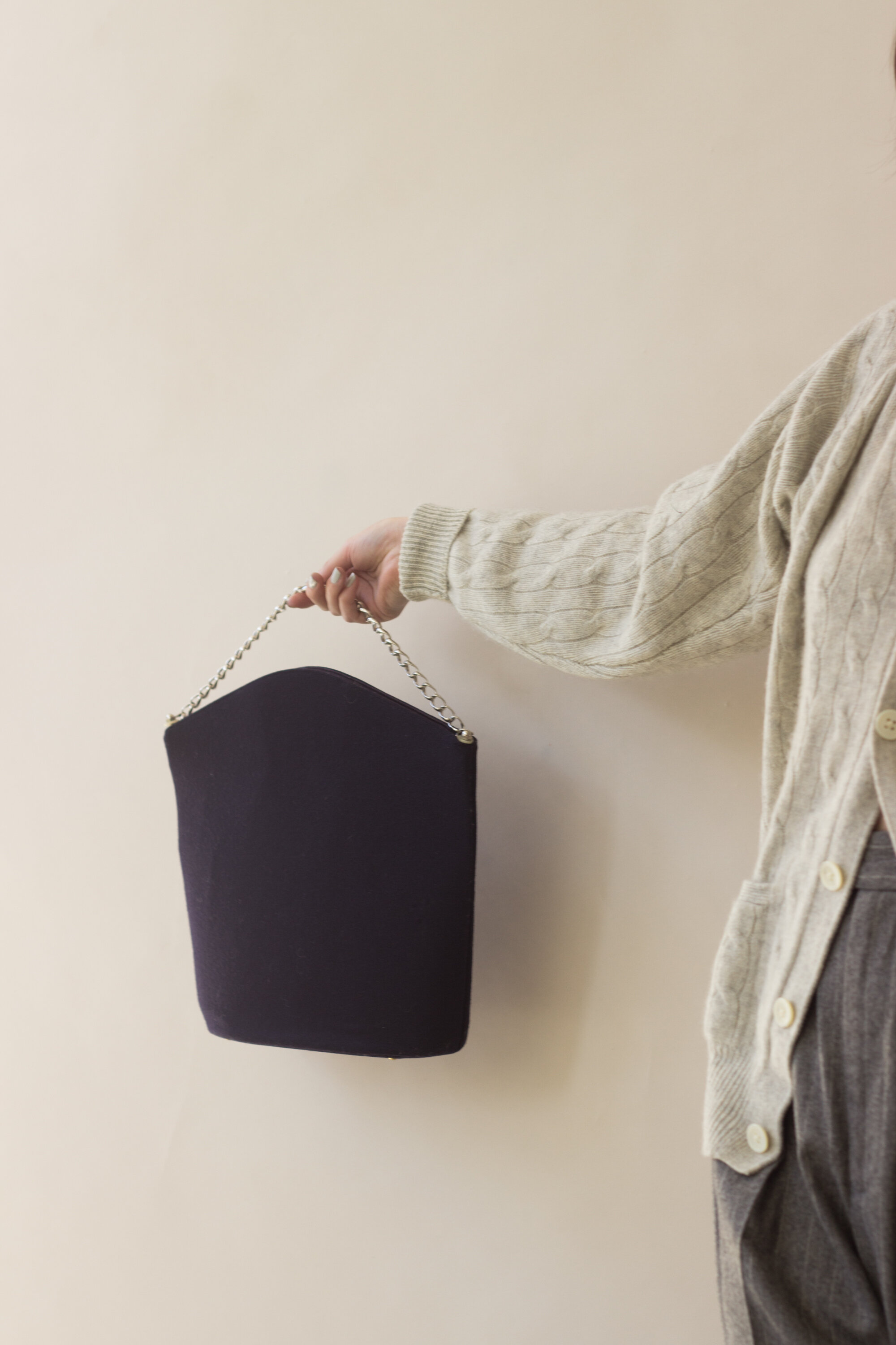 1960s Navy Wool Bag with Silver Chain Handle