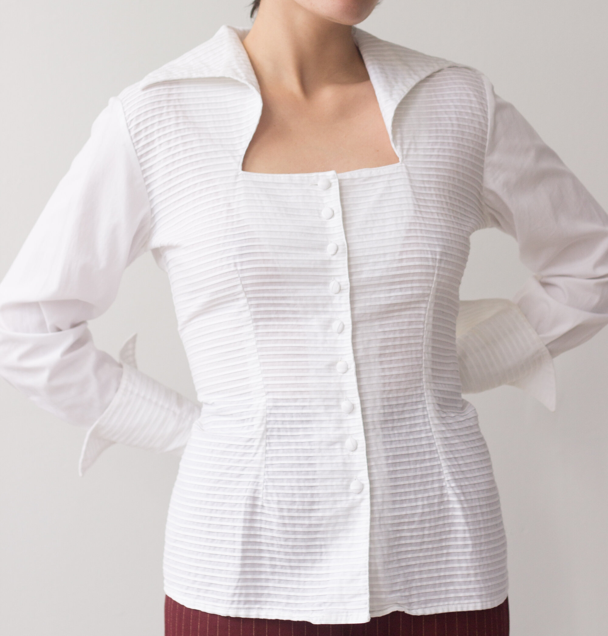 1990s Pintuck White Cotton French Cuff Blouse