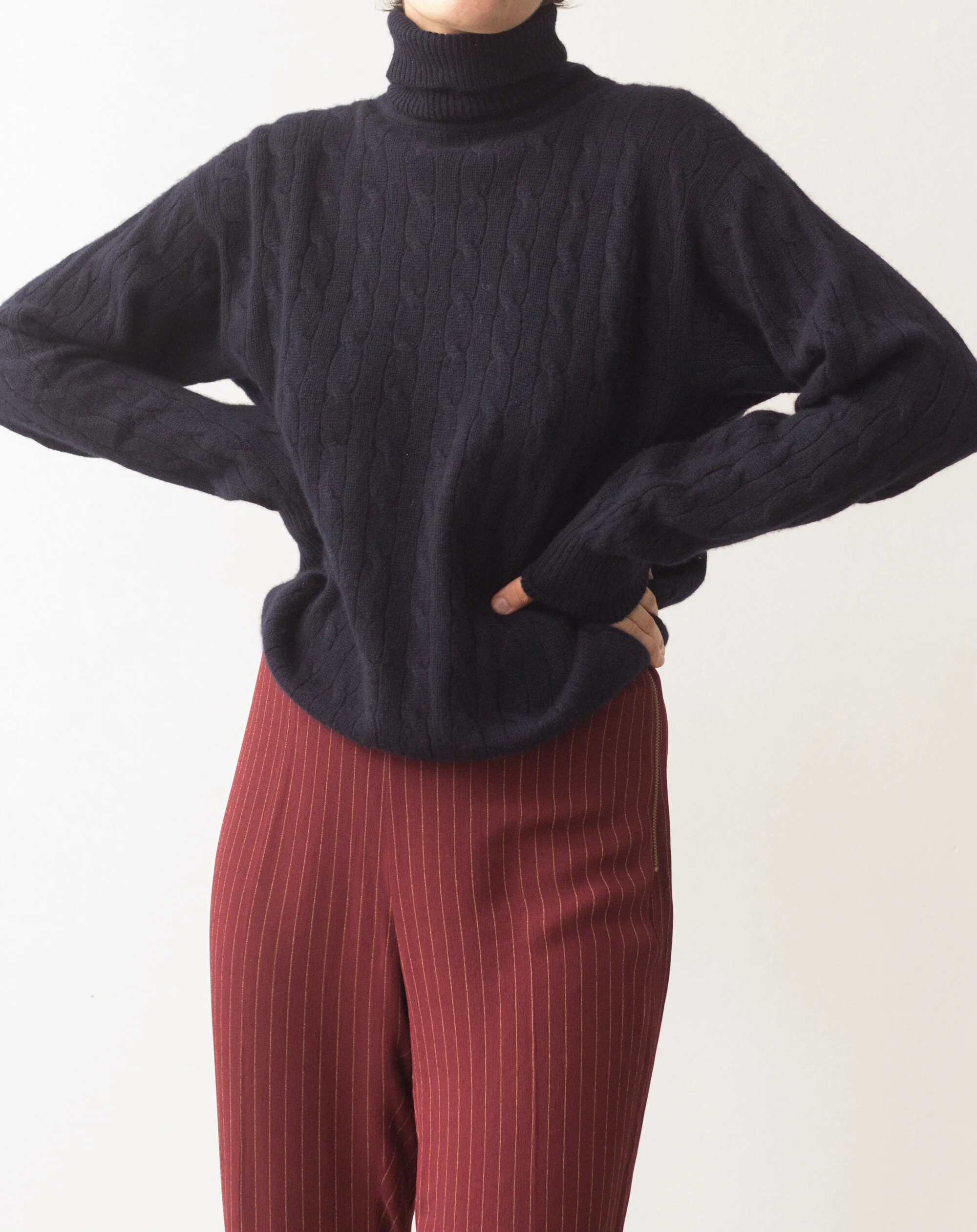 1980s Navy Cashmere Cable Knit Turtleneck Sweater — Wayward Collection