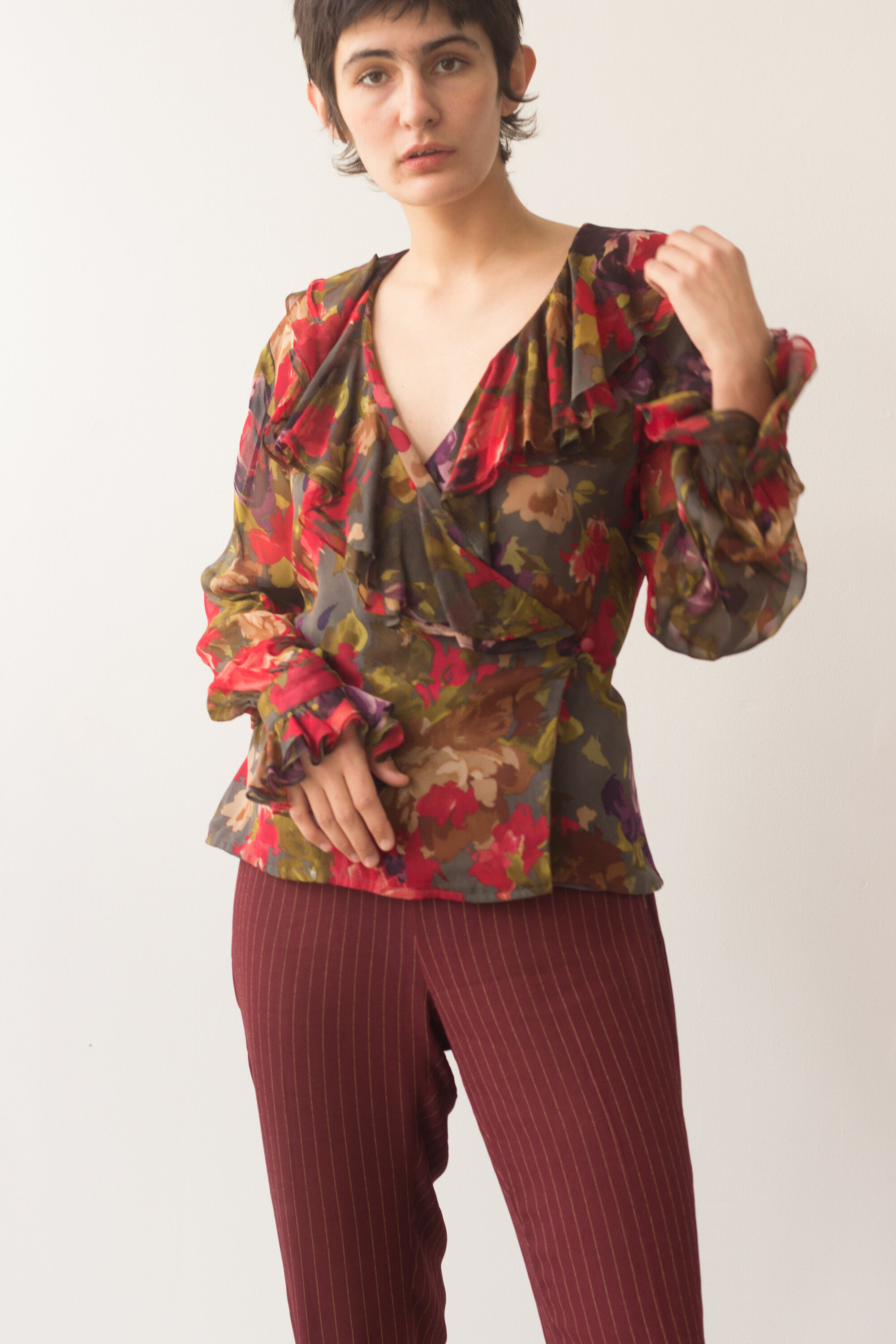 1980s Jerri Sherman Floral Silk Poet Blouse