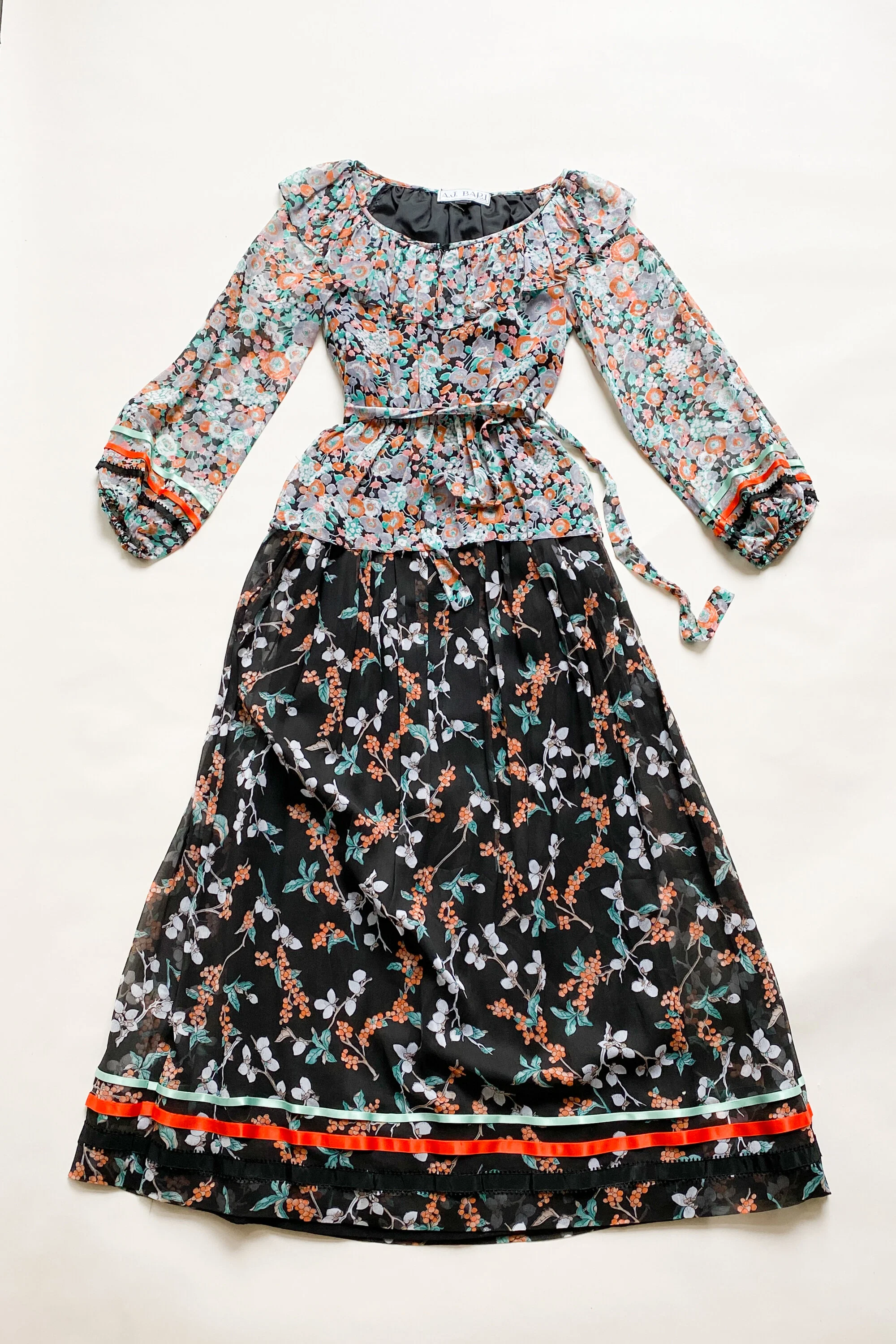 1970s AJ Bari Floral Chiffon Peasant Set