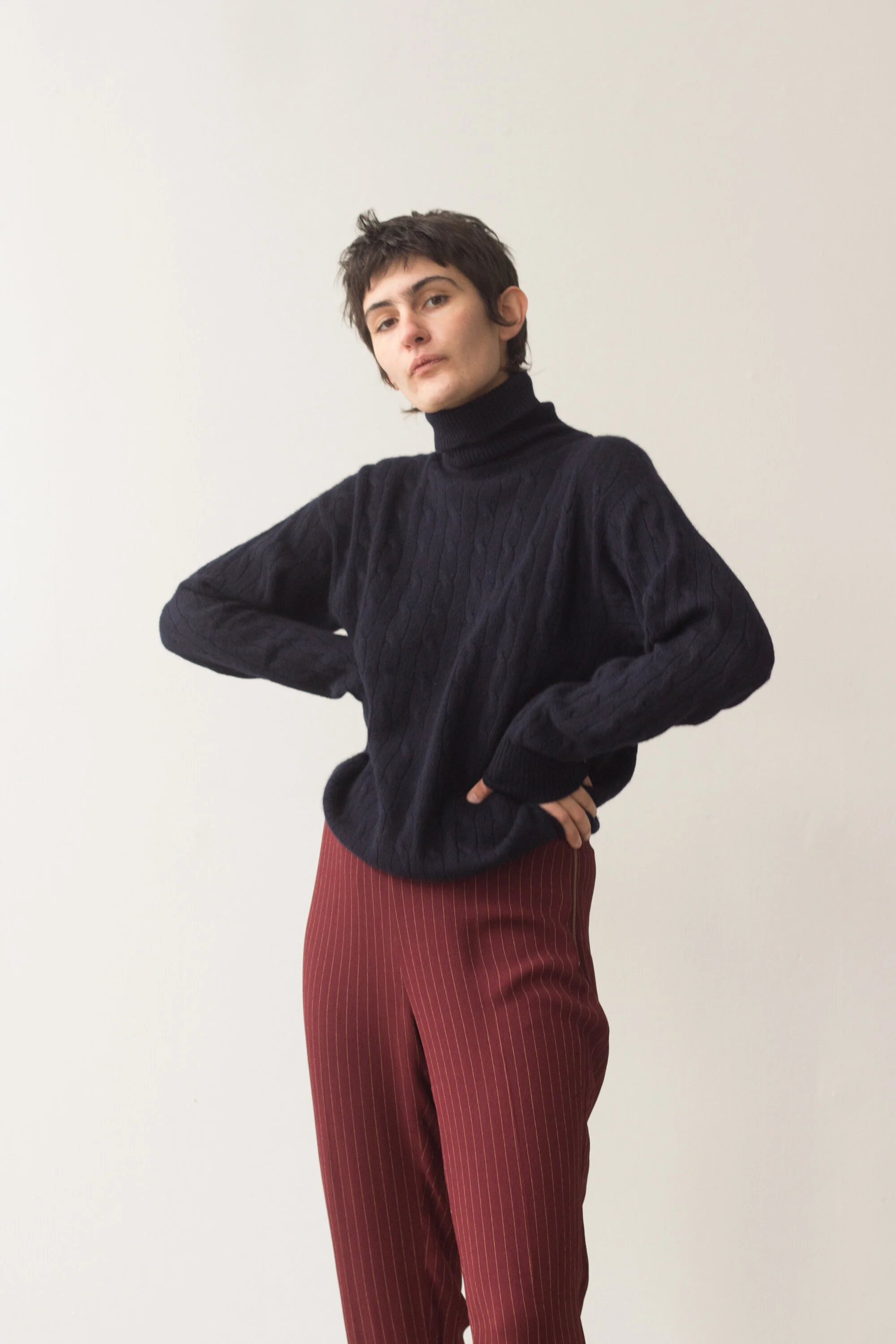 1980s Navy Cashmere Cable Knit Turtleneck Sweater