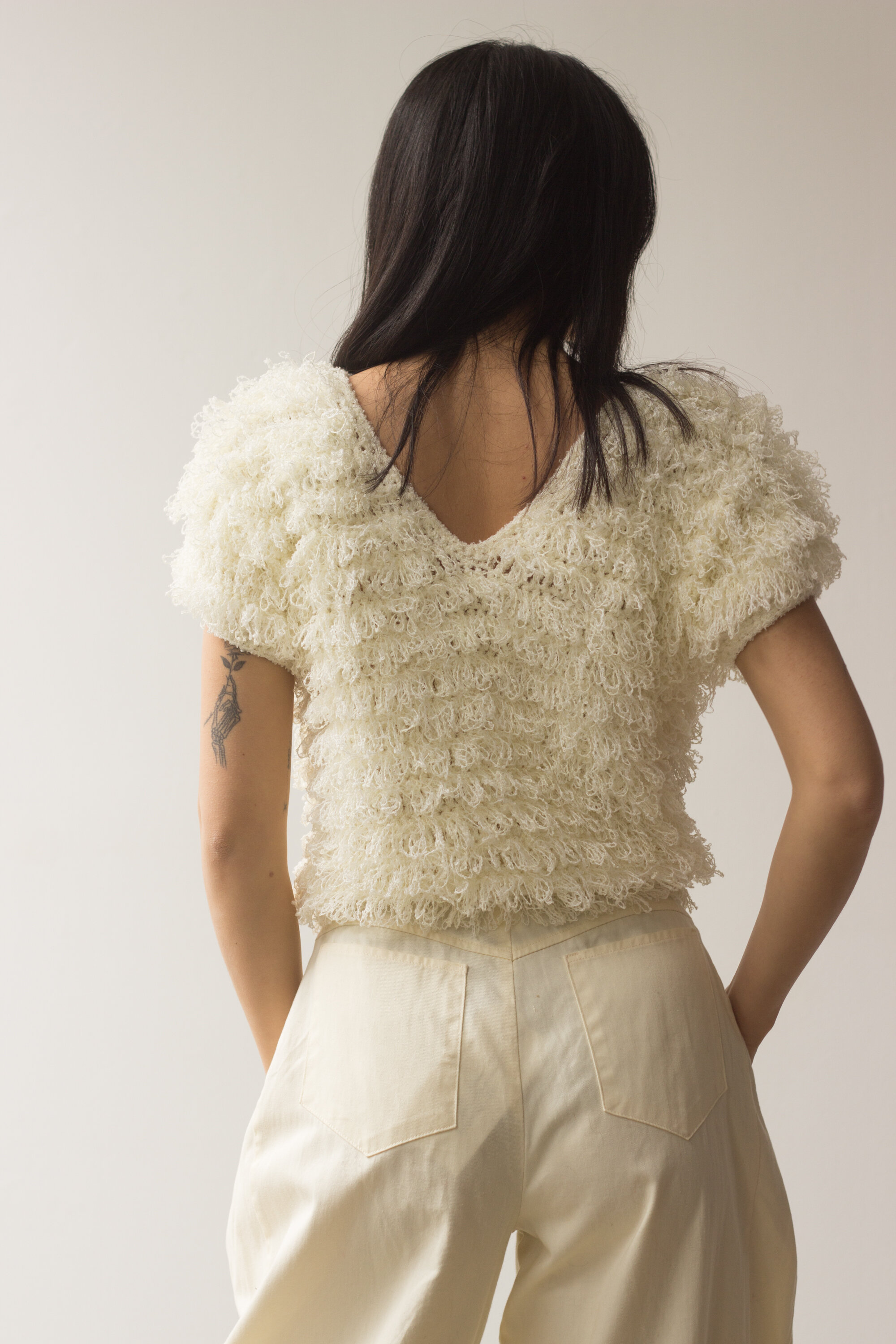 1980s "Side Effects" Cream Fringe Knit Top