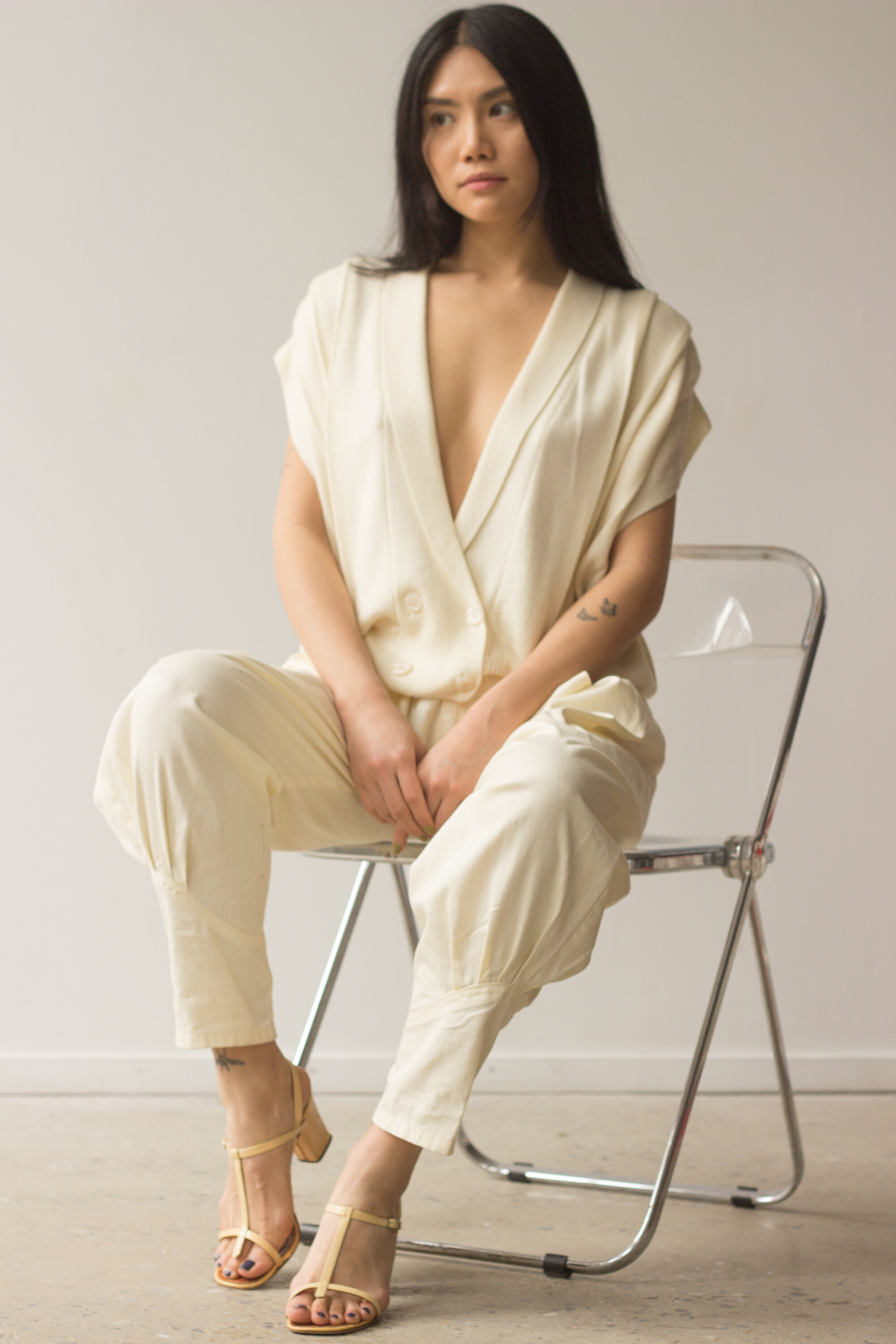 1980s Cream Knit Pleated Vest