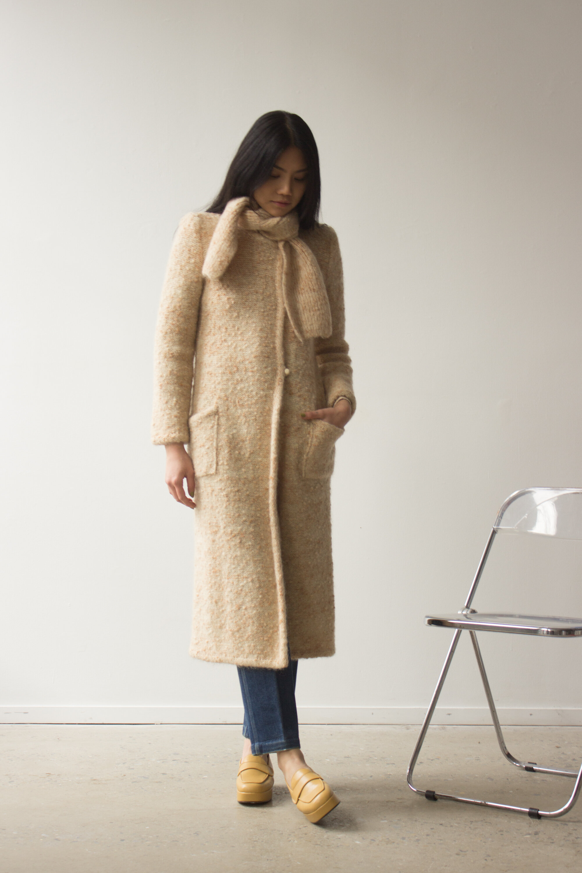 1970s Bouclé Cardigan Coat with Scarf Collar