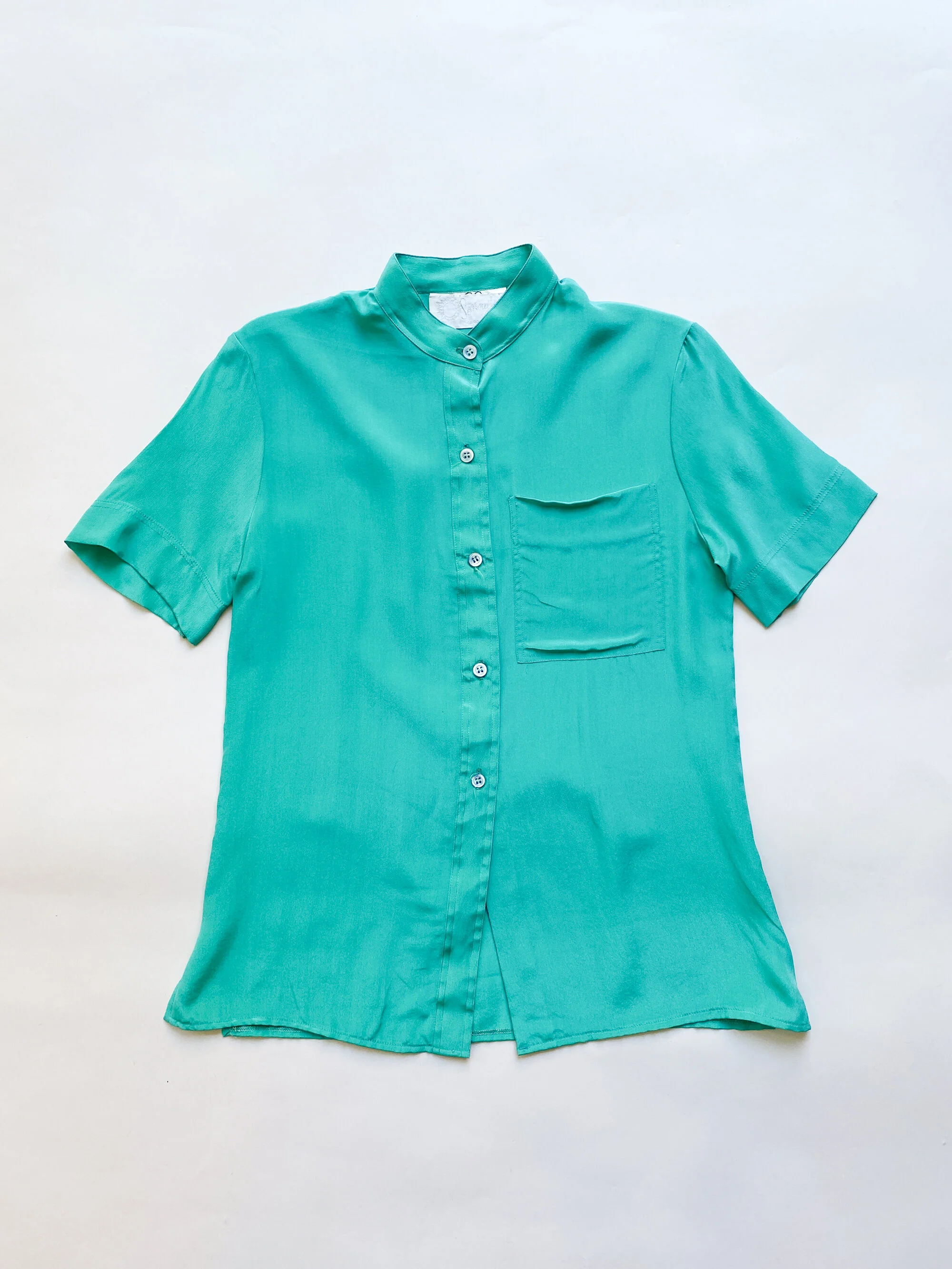 1970s Franck Olivier Turquoise Silk Short Sleeve Blouse