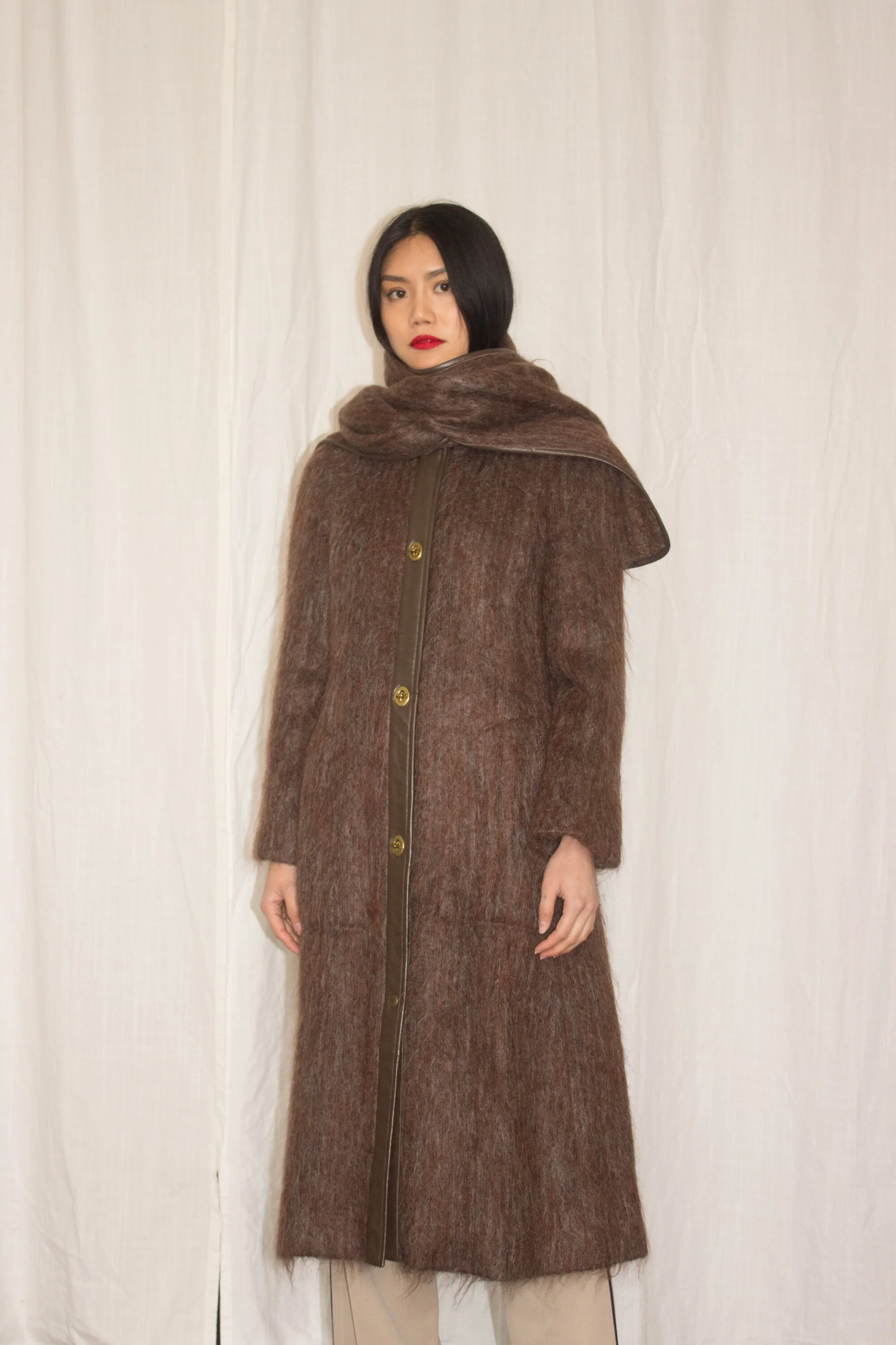 1970s Richard Barr Mohair and Leather Coat with Matching Shawl 