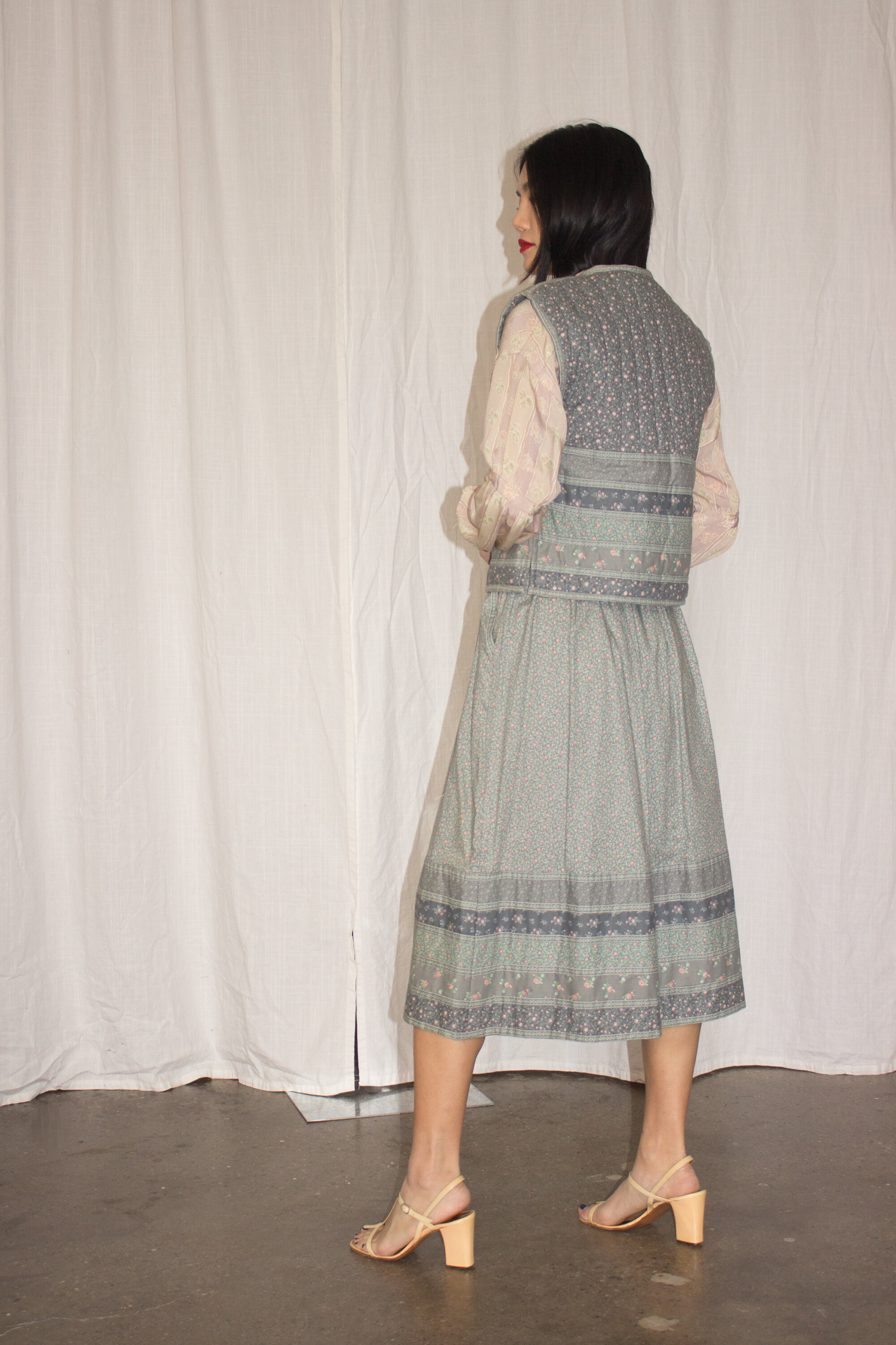1970s Sage Floral Quilted Vest and Skirt Ensemble