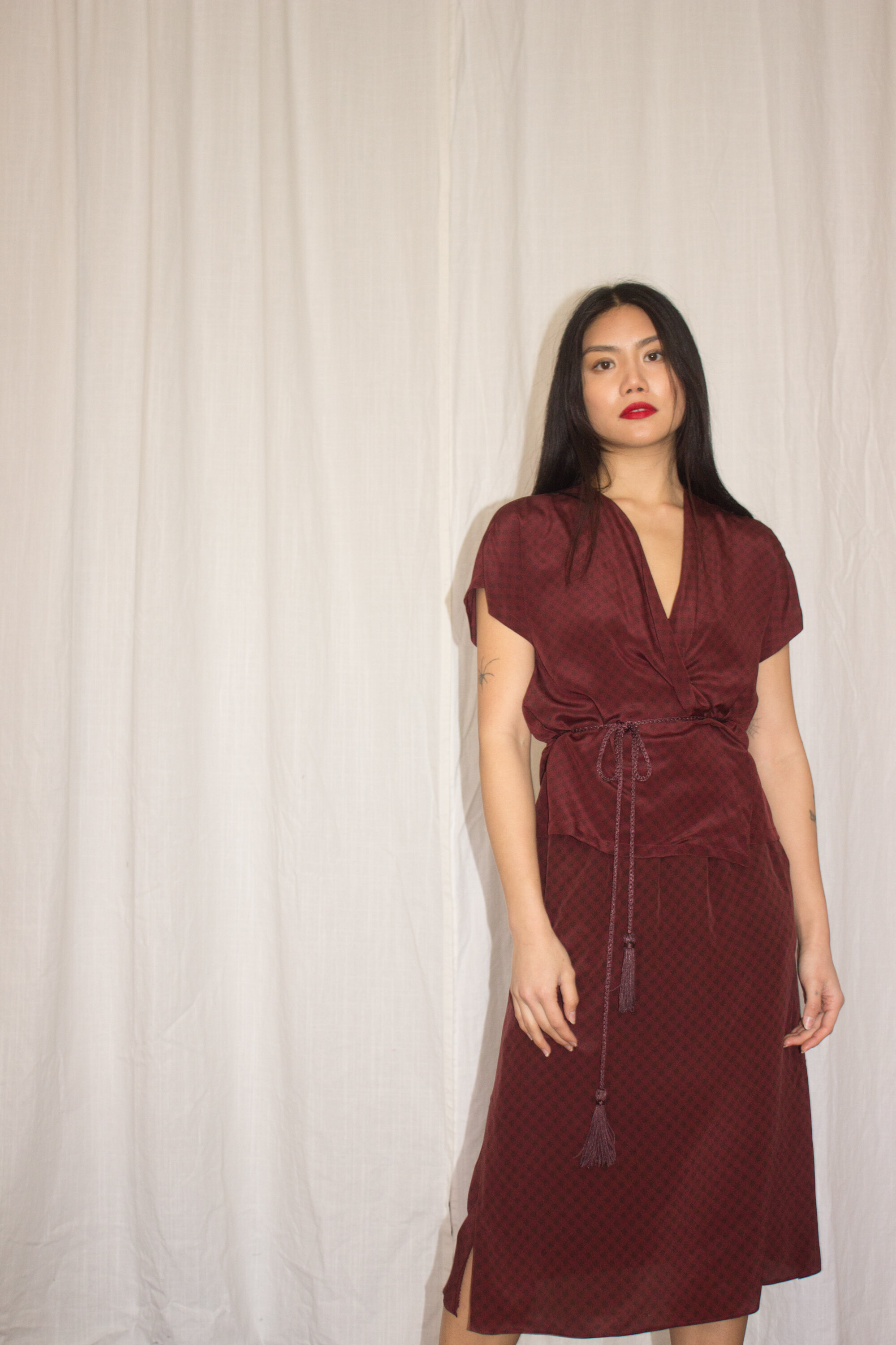 ACA 1970s Calvin Klein Printed Silk Two Piece with Rope Belt