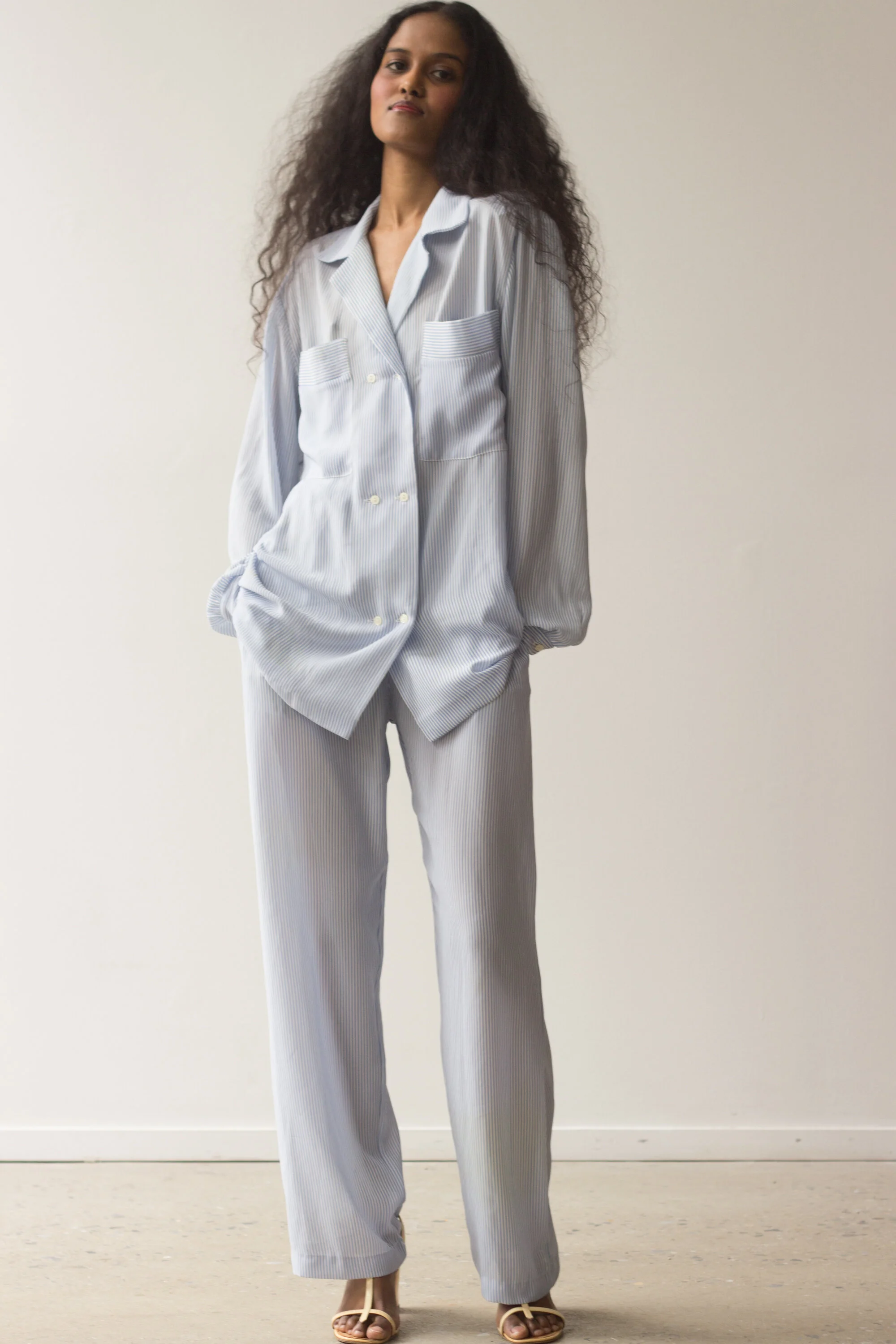 1970s Georgette Trabolsi Saks Fifth Avenue Striped Georgette Pajamas