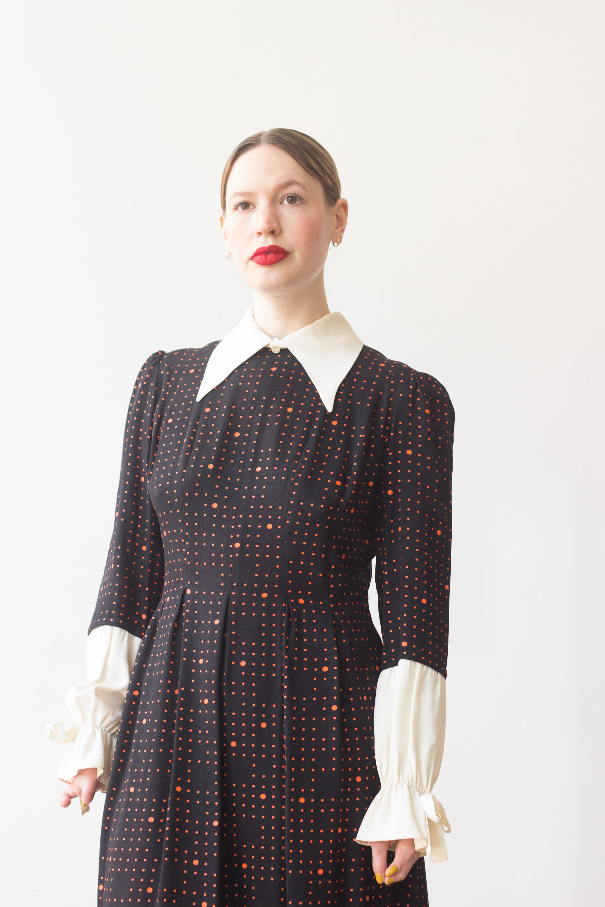 1970s Crepe Dot Print Dress with Elongated Collar