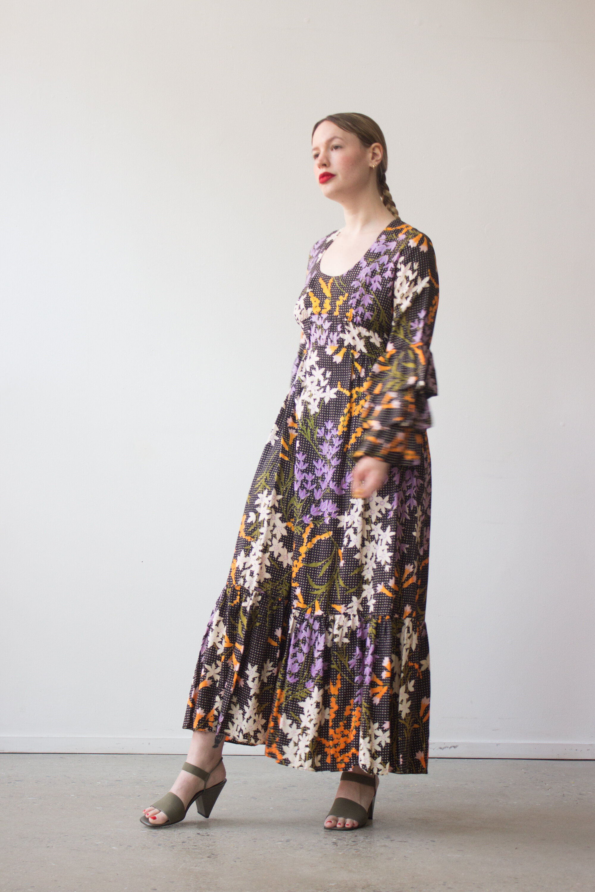 1970s Tiered Sleeve Empire Waist Maxi Dress