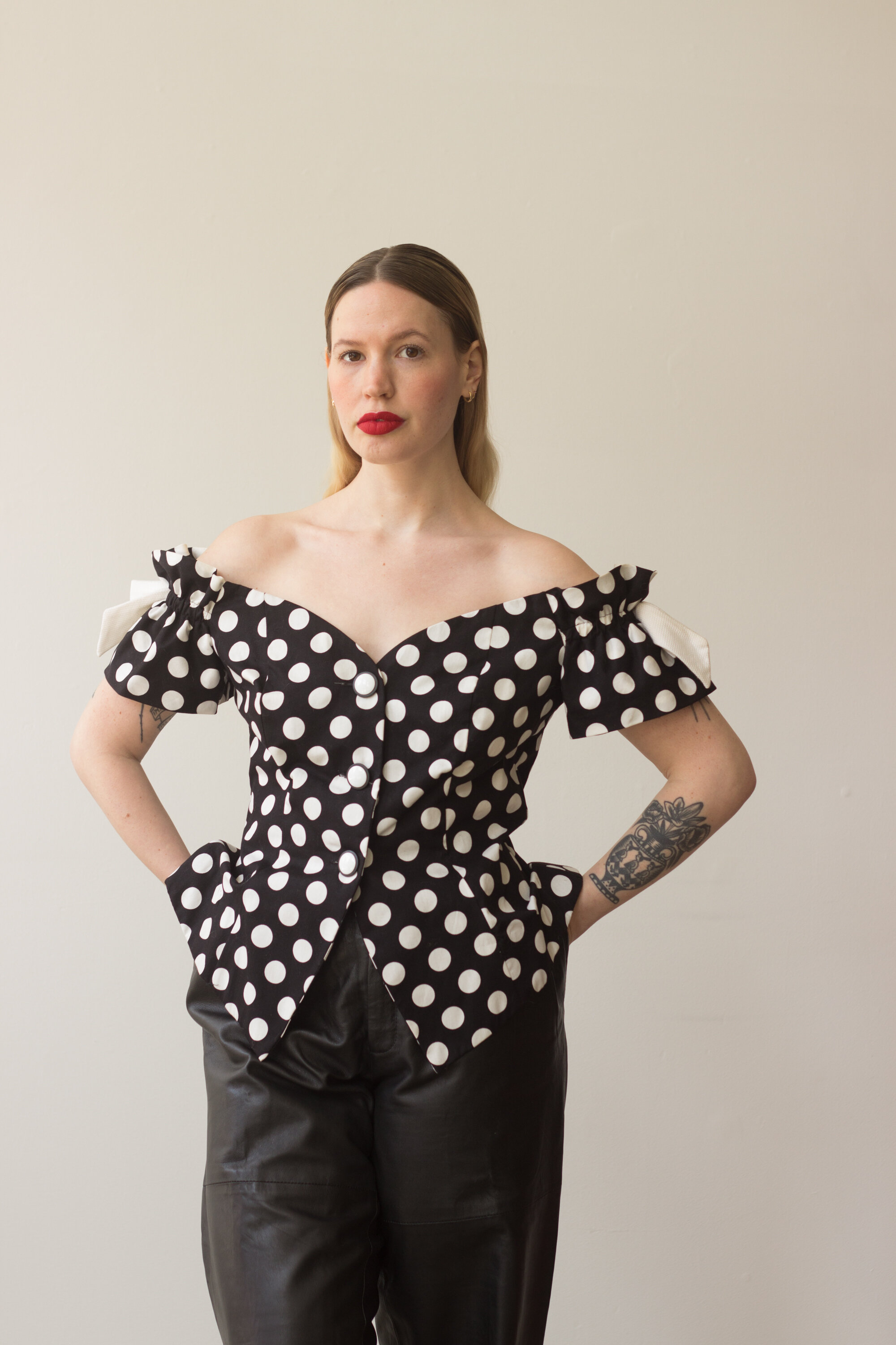 1980s Off the Shoulder Polka Dot Bodice Top