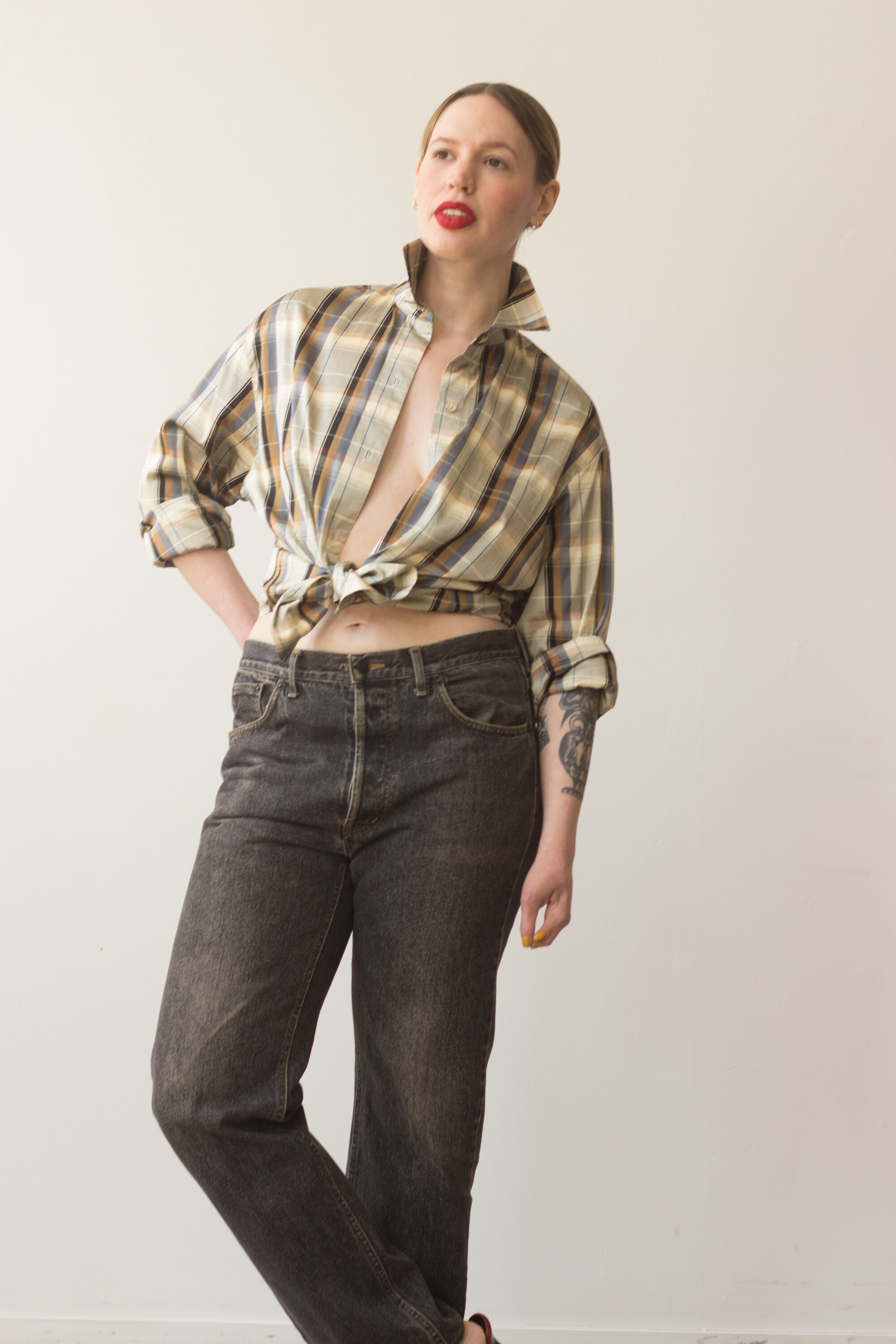 1990s Silk Madras Plaid Blouse
