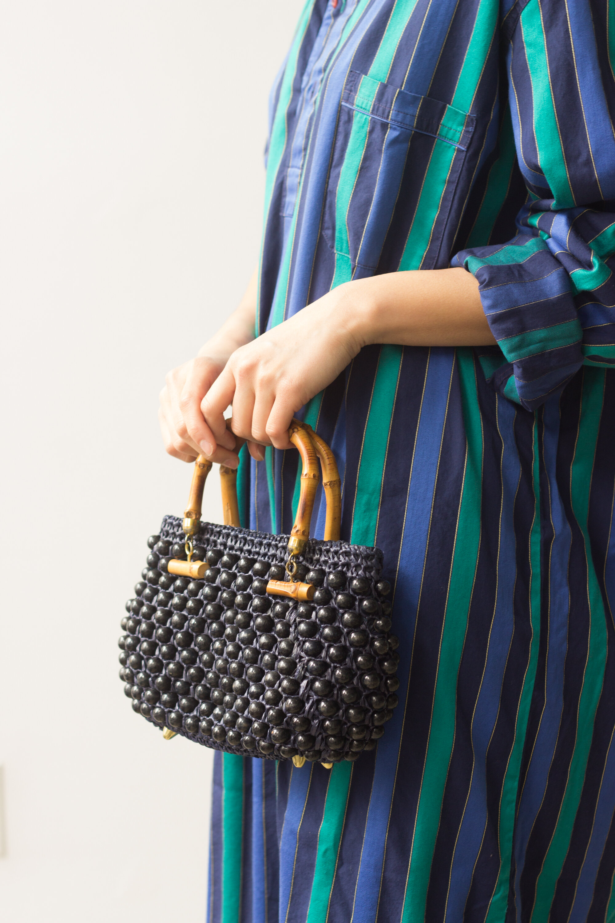 1960s Japanese Beaded Raffia Bag with Bamboo Handles