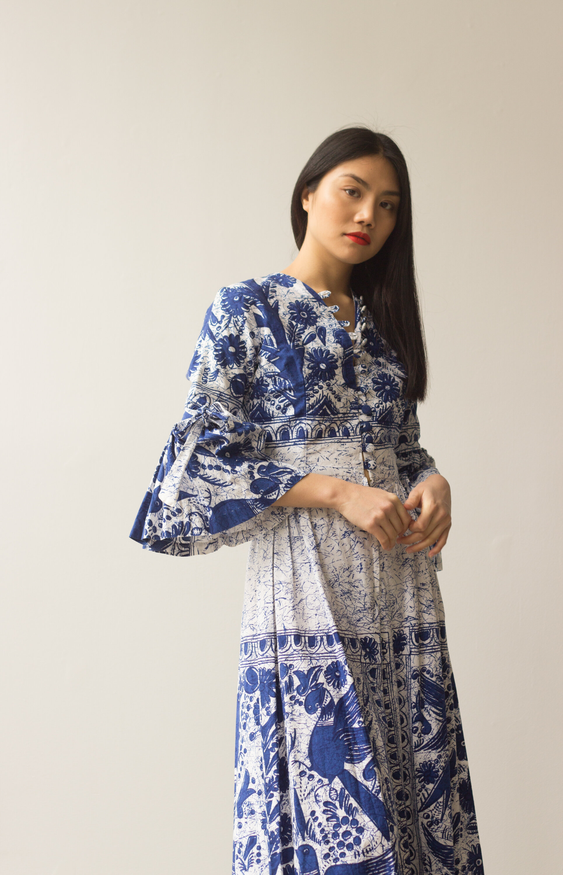 1970s La Cha Cha Blue Batik Cotton Jumpsuit