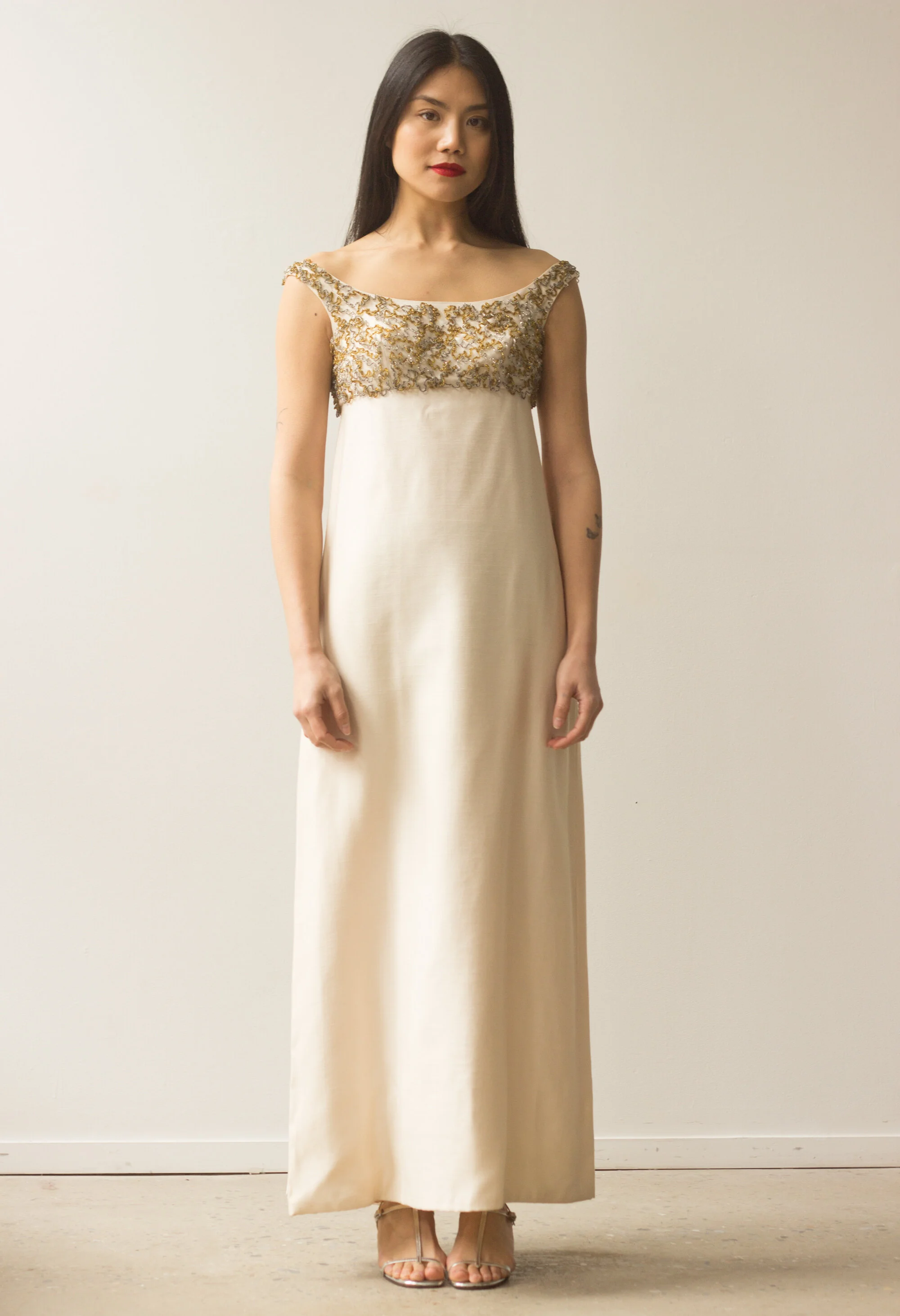 1960s Regency Style Silk Shantung Beaded Gown  Wayward Collection