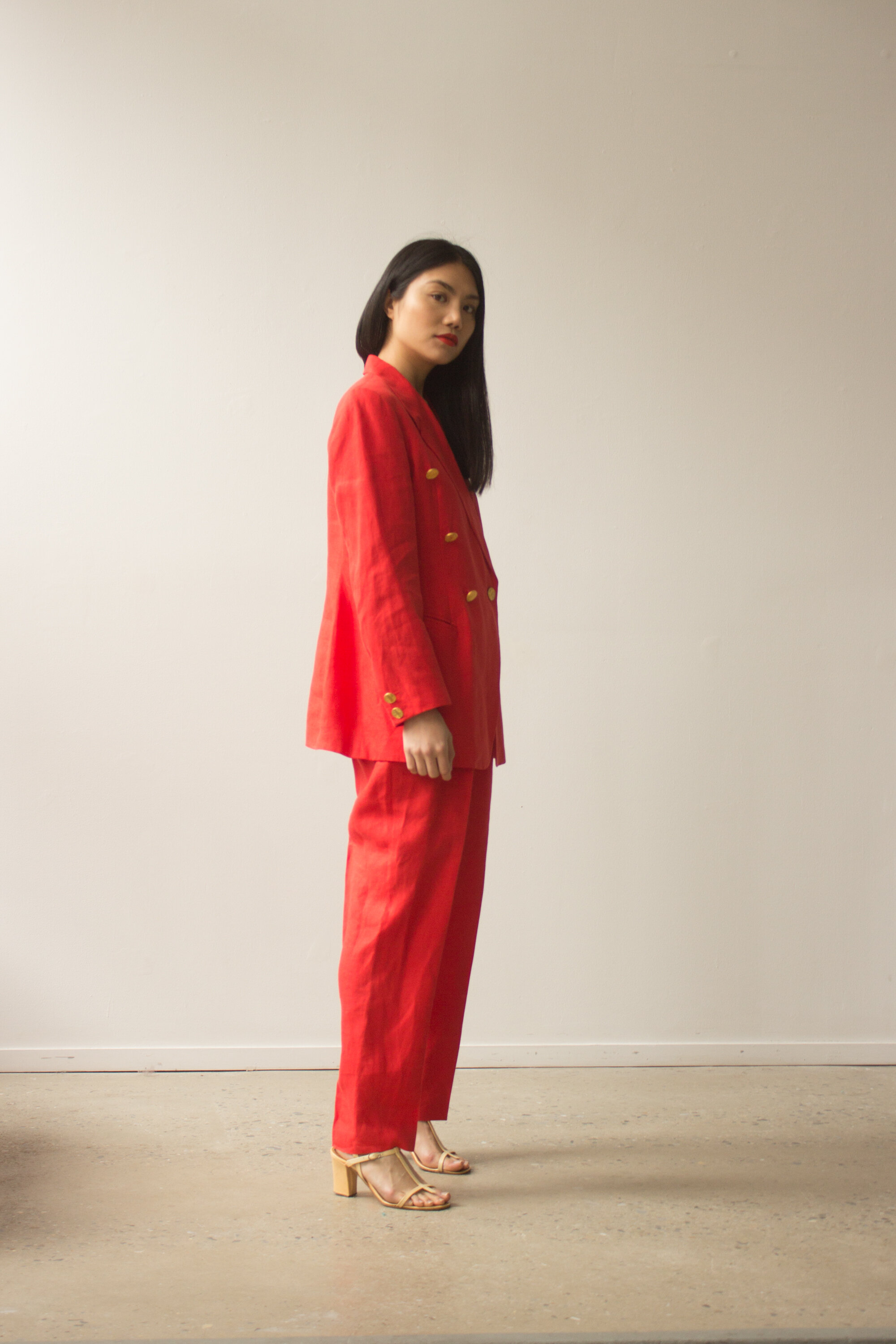 1980s ESCADA Flame Red Linen Suit with Gold Buttons